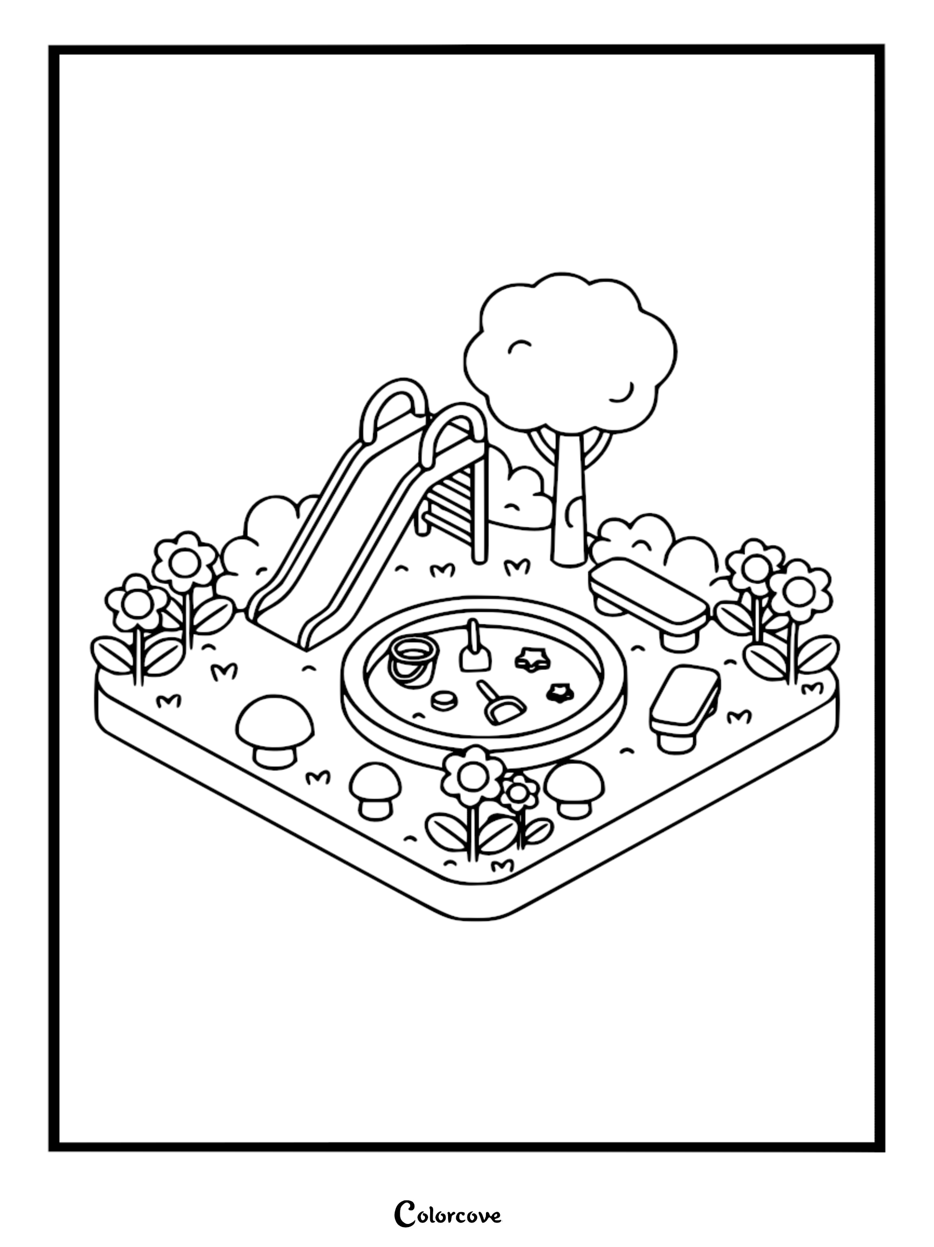 Isometric view of a cozy playground coloring page featuring a slide, a round sandpit with shovel and bucket, a tree, flowers, and garden benches.