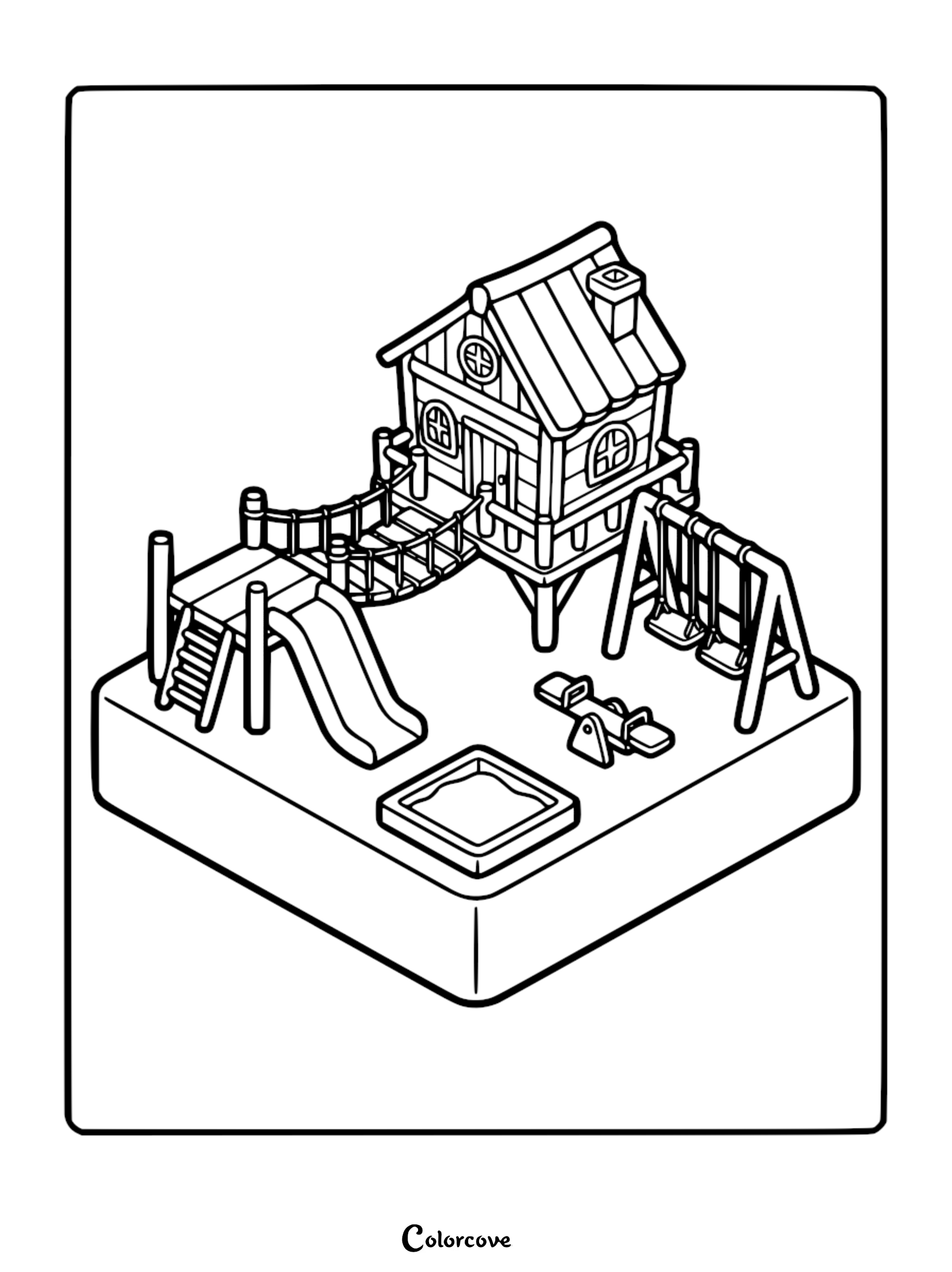 Isometric coloring page of a backyard playground with a treehouse, rope bridge, slide, swing set, and sandbox.