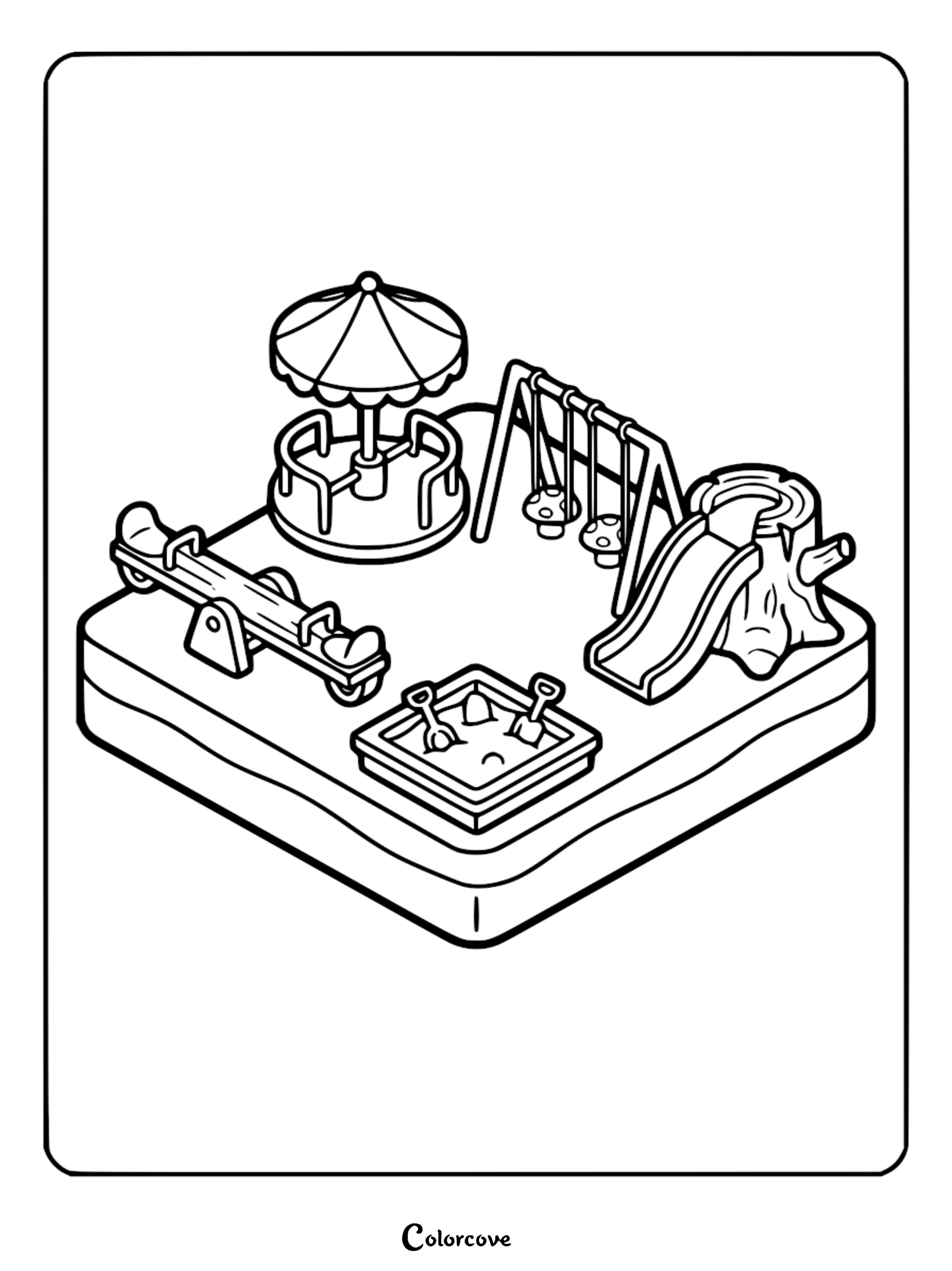 Isometric view of a Cozy Playground coloring page featuring a tree stump slide, merry-go-round, seesaw, swing set, and sandbox with shovels.