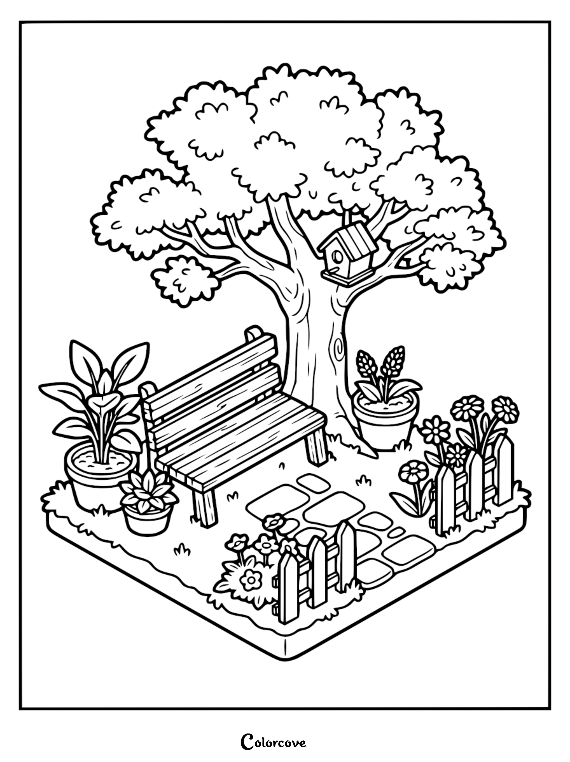 A printable coloring page featuring an isometric garden scene with a wooden bench under a tree, a birdhouse, potted plants, and a small picket fence along a stone path.