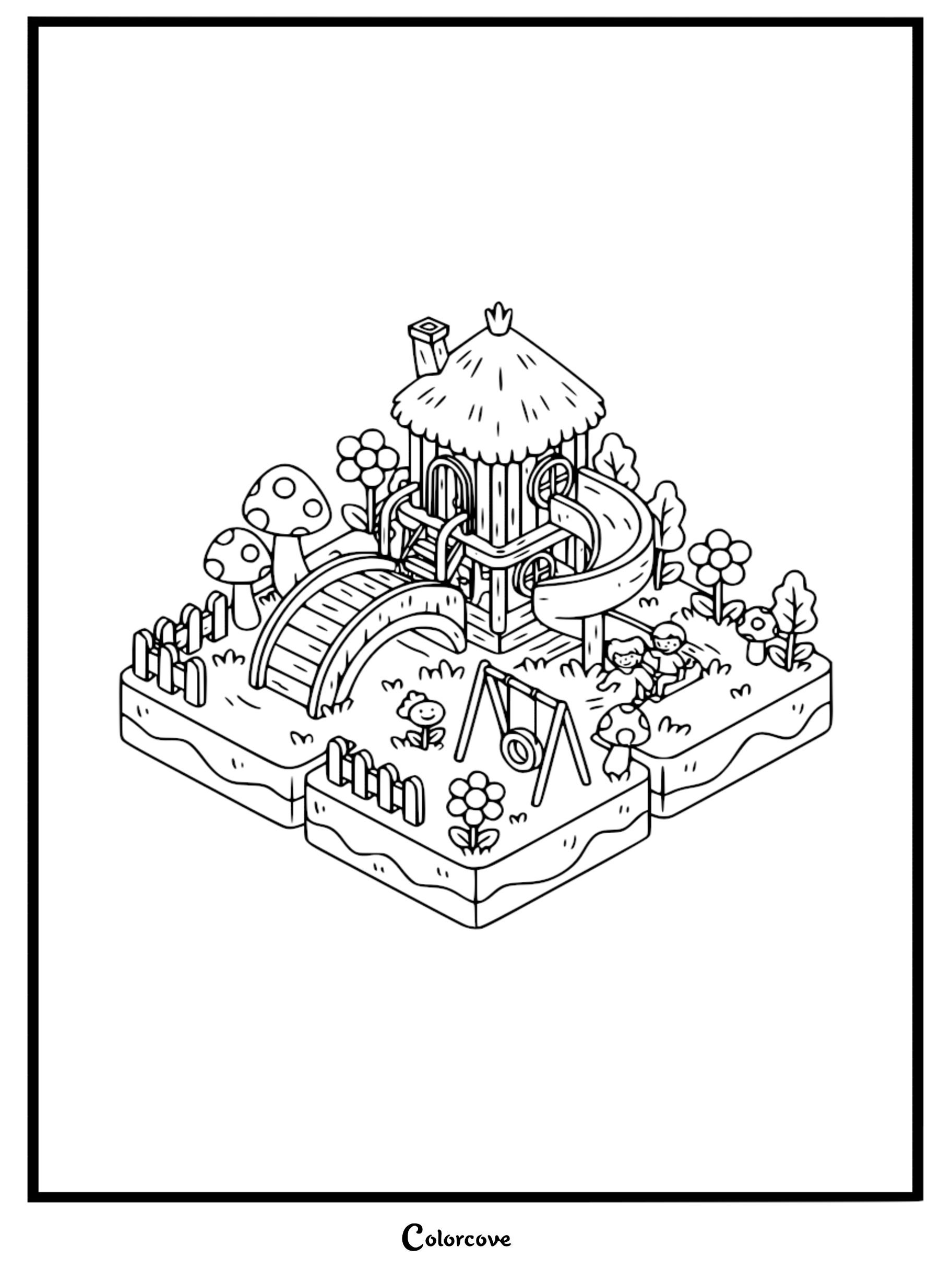 A cozy playground coloring page featuring an isometric treehouse with a curved slide, arched bridge, tire swing, and children playing near mushrooms and flowers.