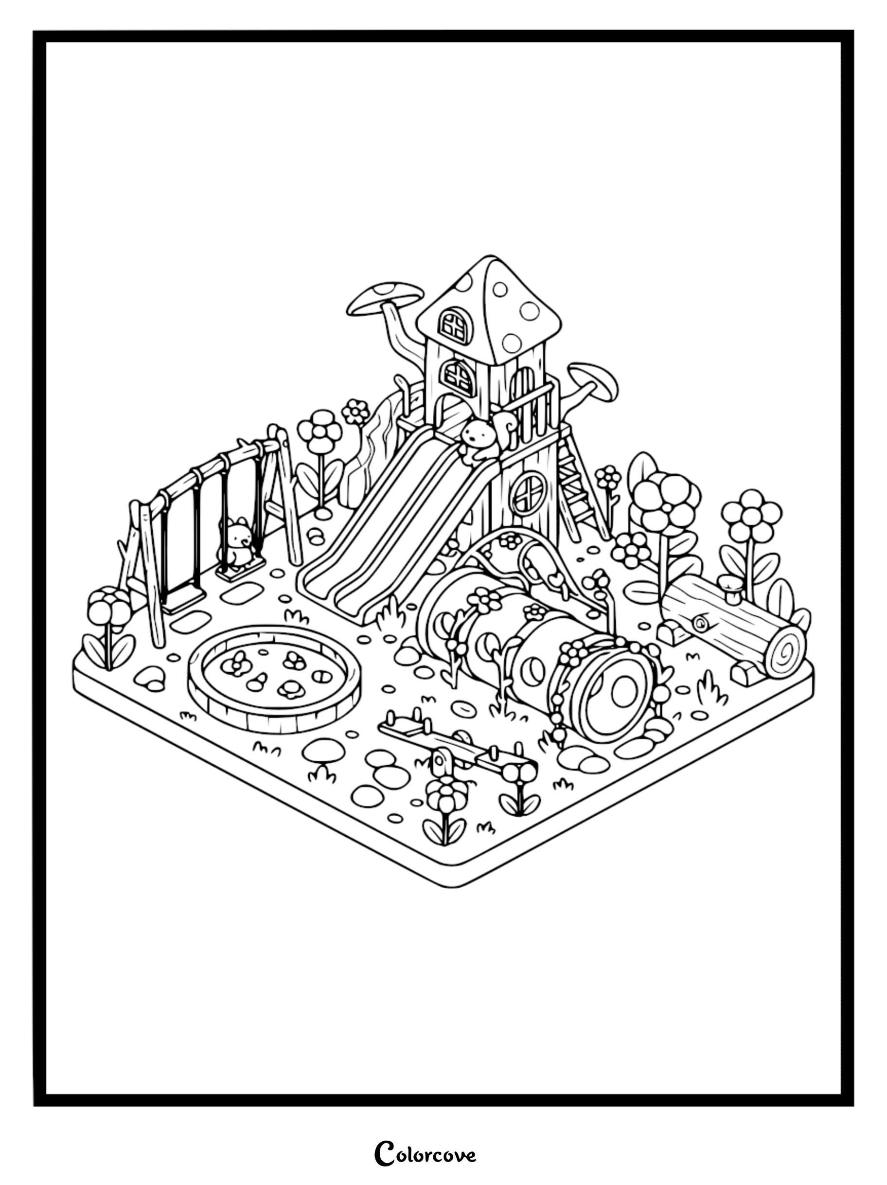 Isometric line art coloring page of a forest playground featuring a mushroom treehouse, slide, swing set, and tunnel, with cute creatures playing.