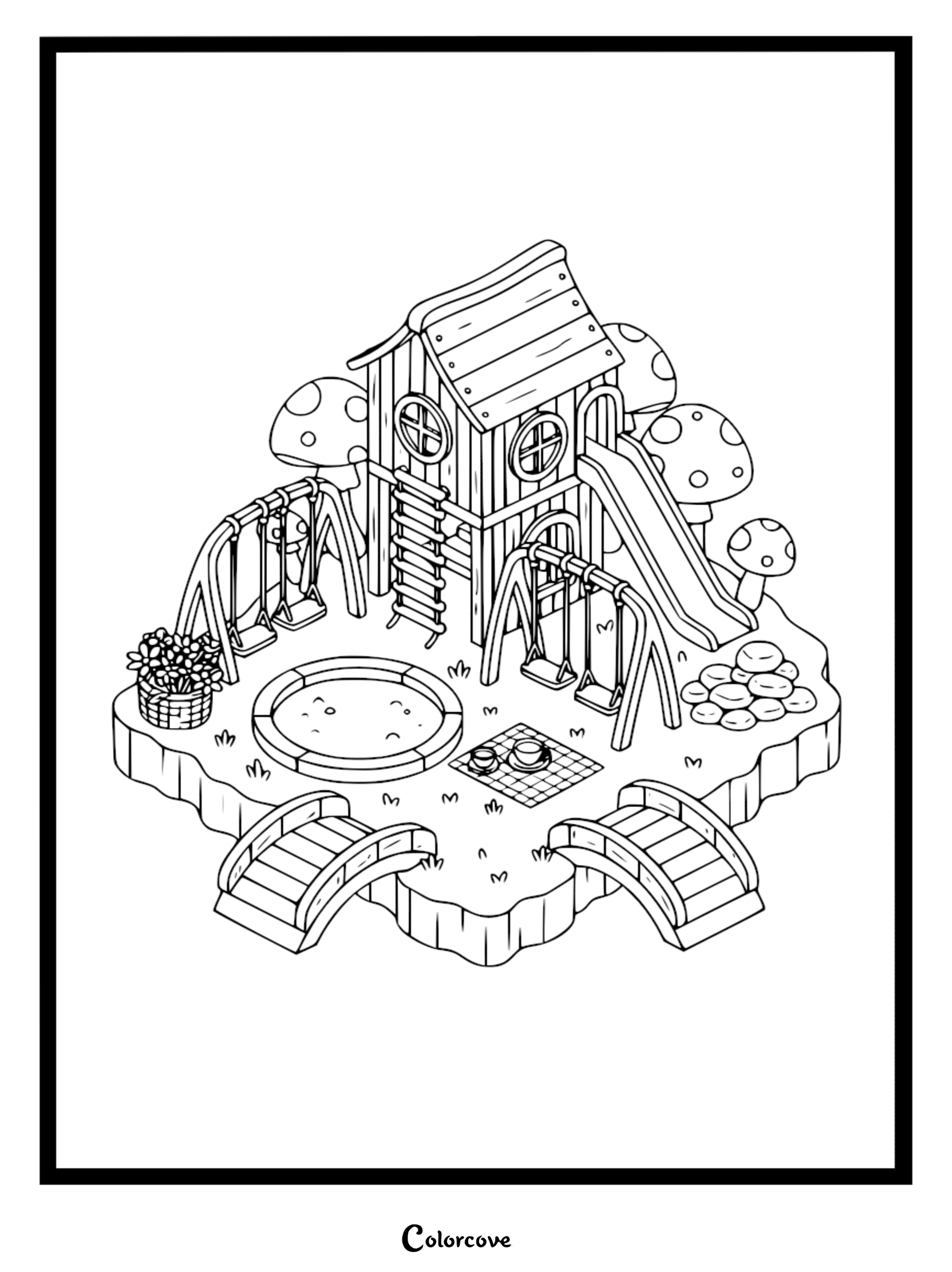 A detailed coloring page of an isometric cozy playground featuring a treehouse, two sets of swings, a sandbox, bridges, and decorative mushrooms.