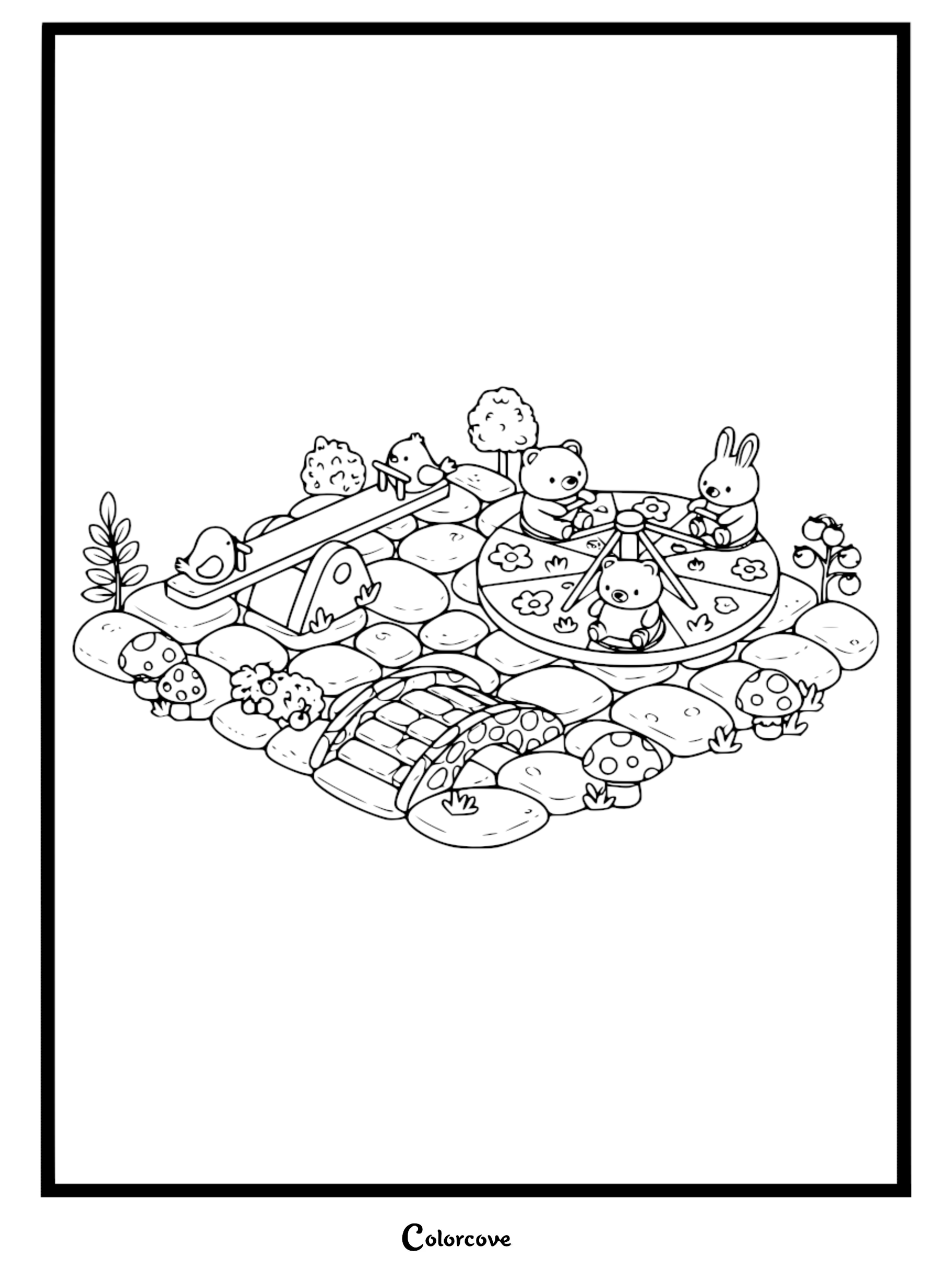 A whimsical isometric coloring page featuring two bears and a bunny playing on a merry-go-round, birds on a seesaw, and a stone bridge, all nestled in a grassy garden.