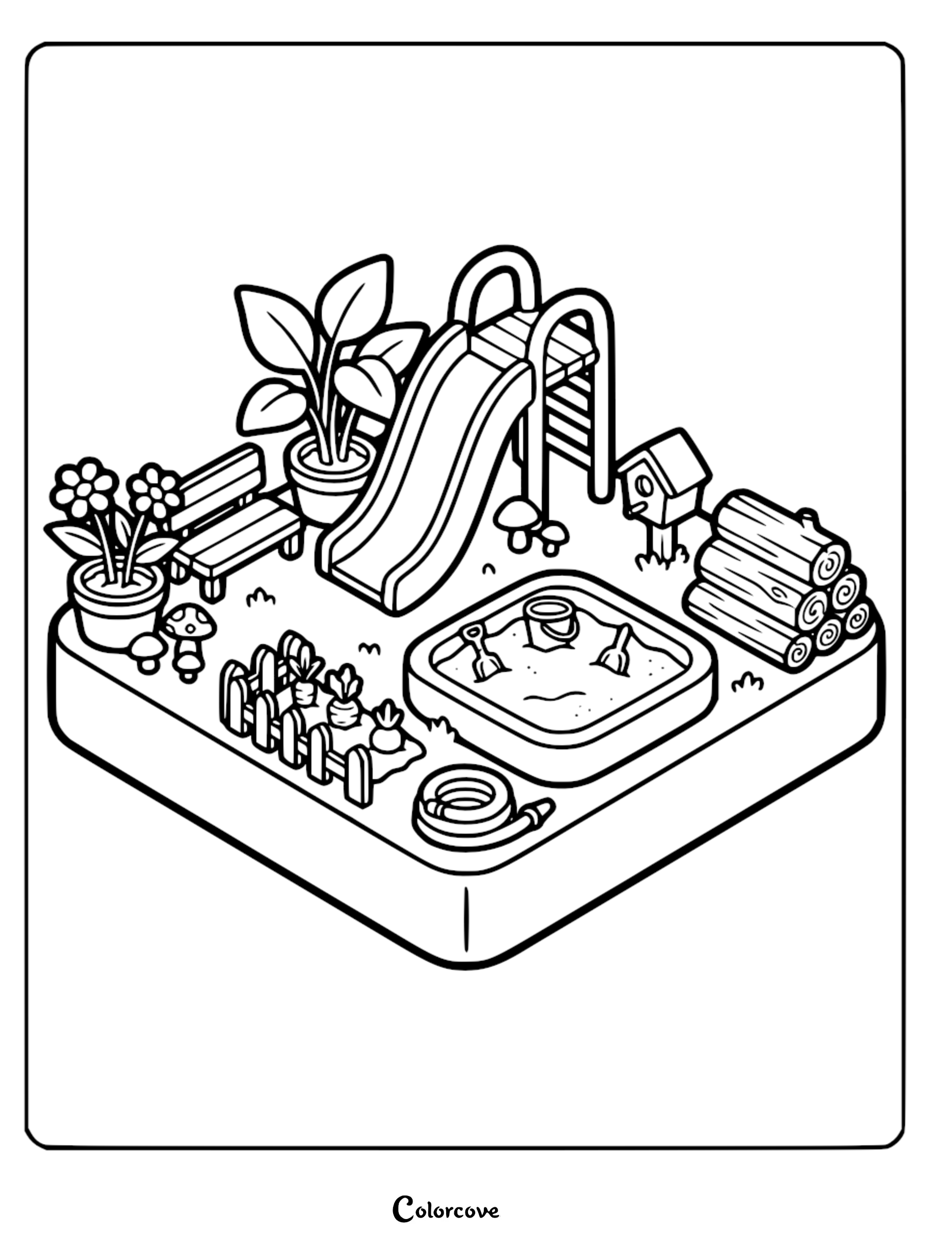 An isometric line art coloring page of a backyard playground featuring a slide, sandbox with toys, garden fence, bench, potted plants, and stacked logs.