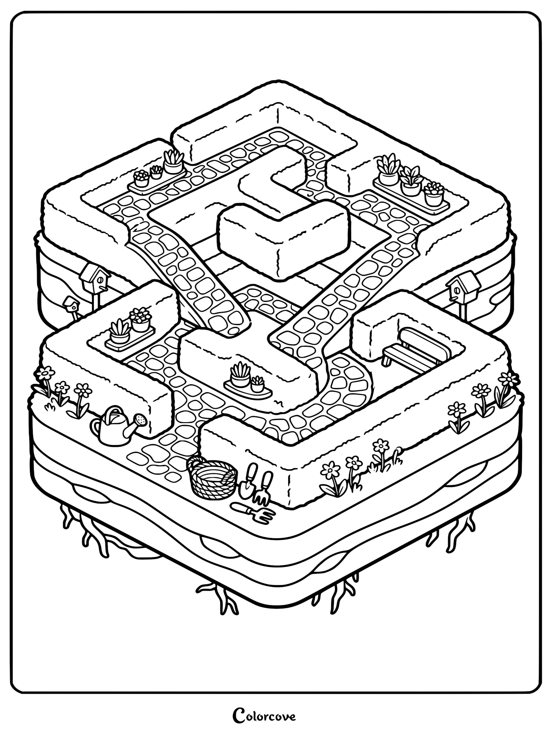 An isometric view coloring page featuring a tiered garden maze with stone paths, small potted plants, birdhouses, and gardening tools.