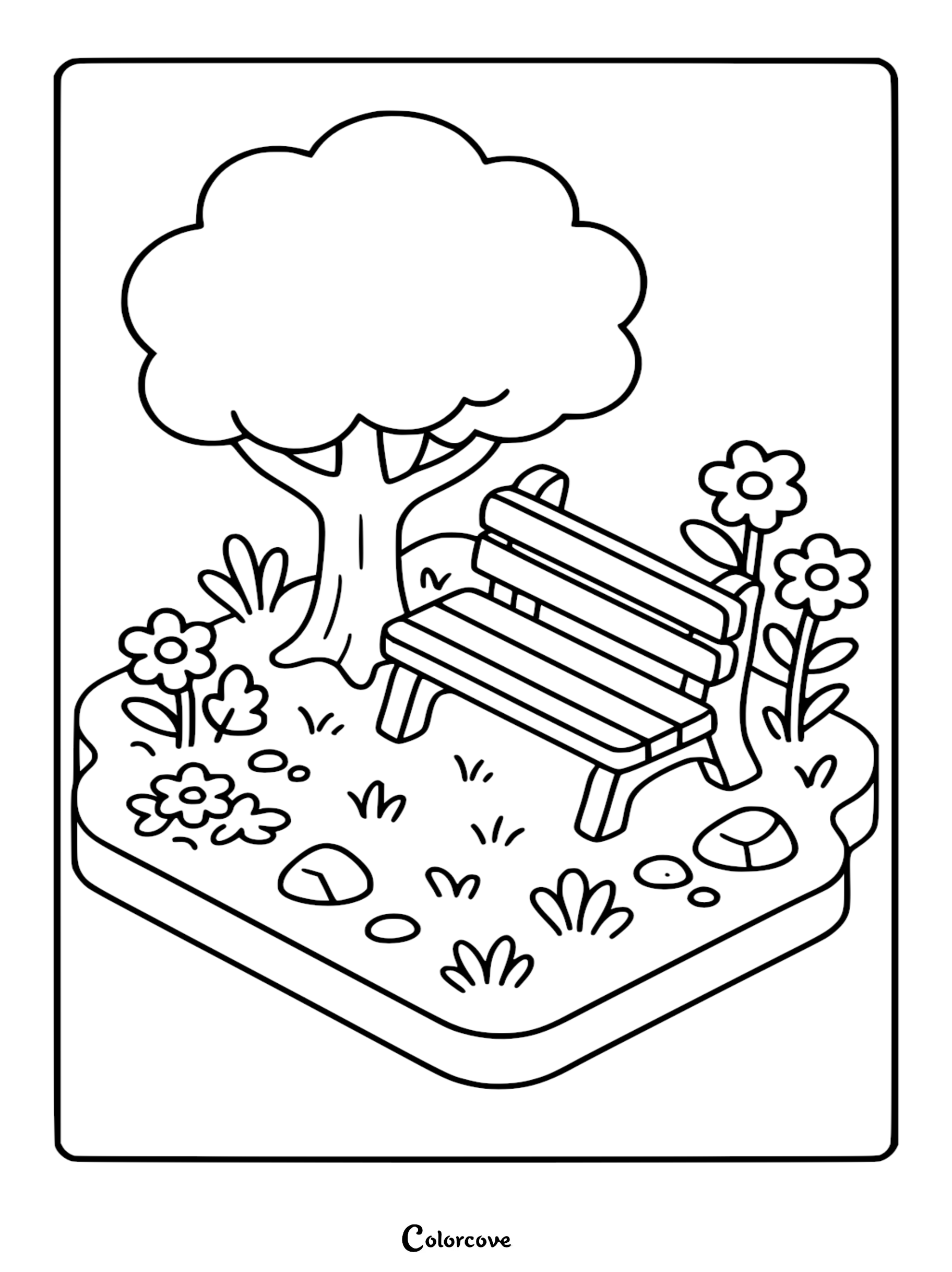 A printable coloring page featuring a cozy garden bench under a large tree, surrounded by flowers, bushes, and pebbles in an isometric park setting.