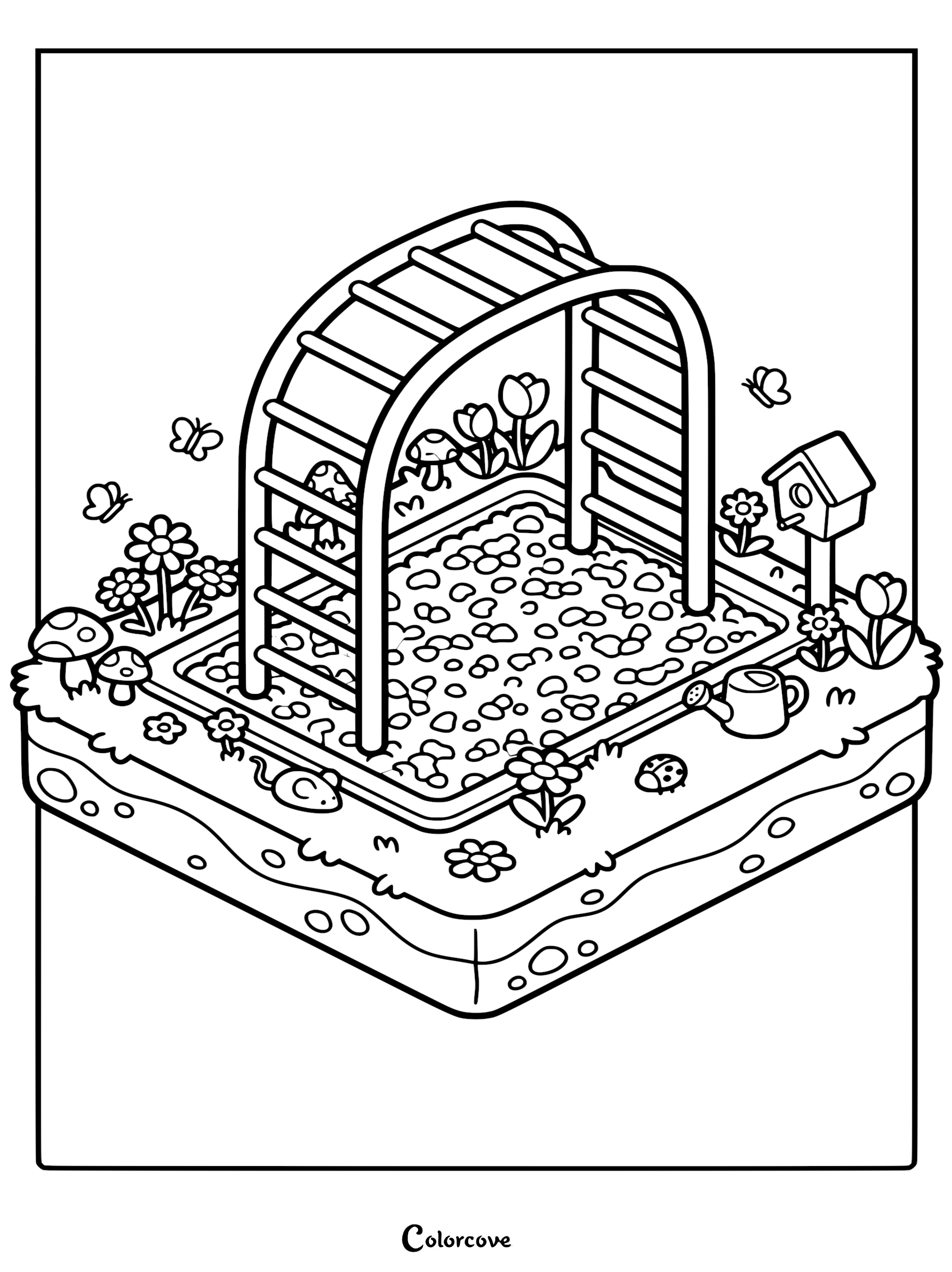 A printable coloring page featuring an isometric garden playground with a curved jungle gym, flowers, mushrooms, butterflies, a birdhouse, and a small mouse.