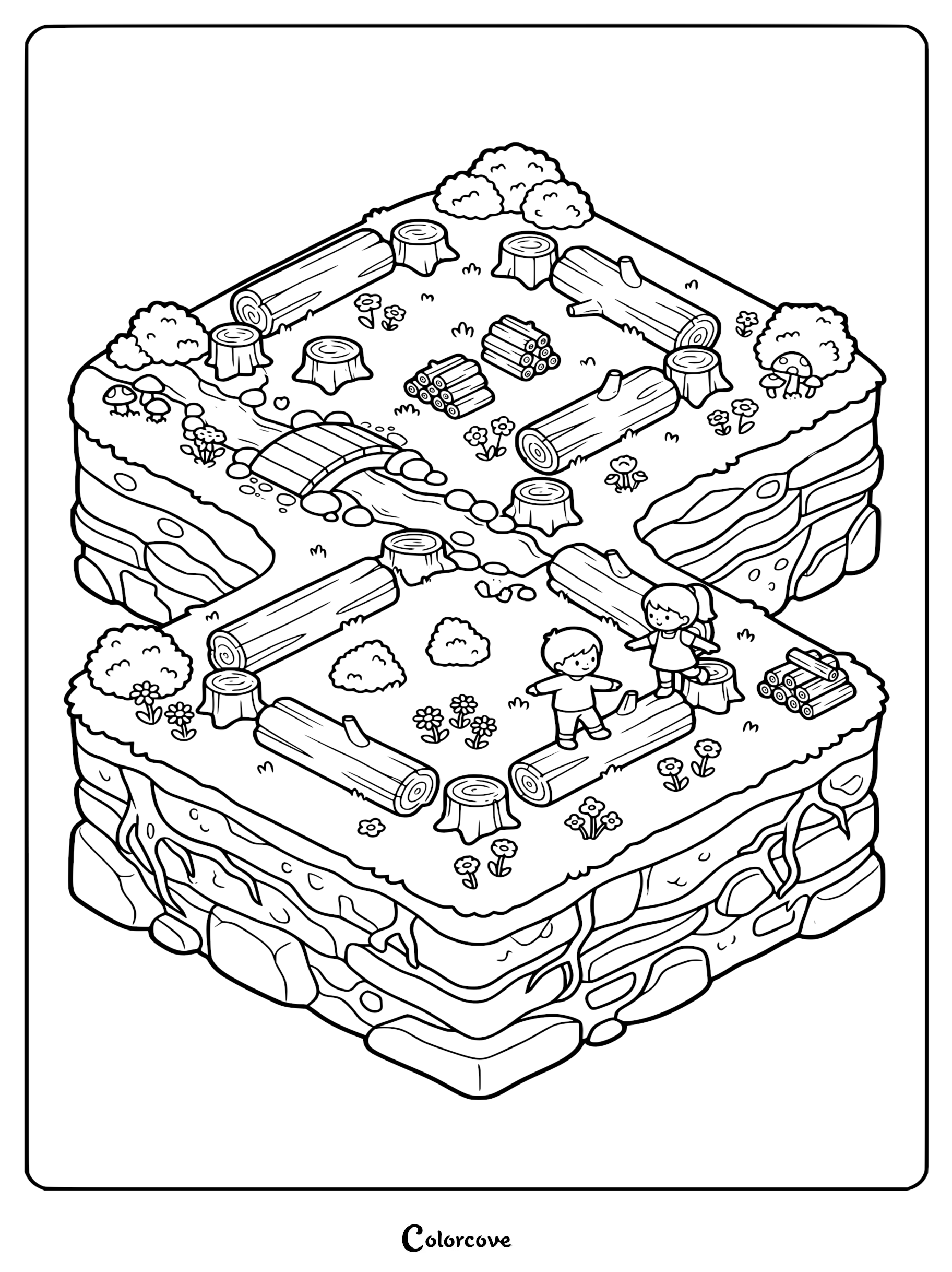 Isometric coloring page of a forest playground featuring two children playing on logs, surrounded by tree stumps, flowers, bushes, and a small wooden bridge over a stream.