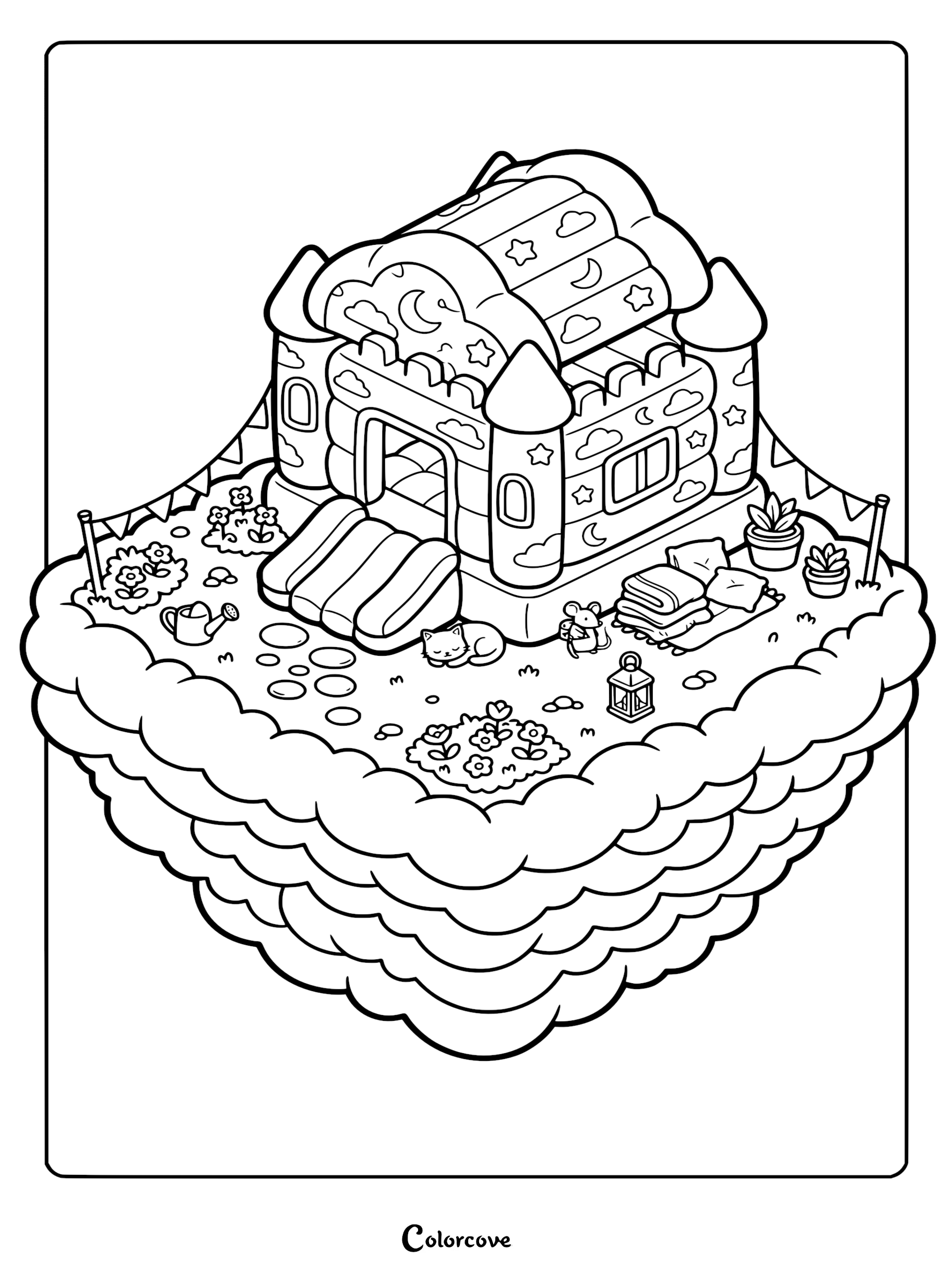 A whimsical isometric coloring page featuring a bouncy castle sitting on a fluffy cloud, surrounded by a sleeping cat, a small mouse, potted plants, a lantern, and a picnic blanket.