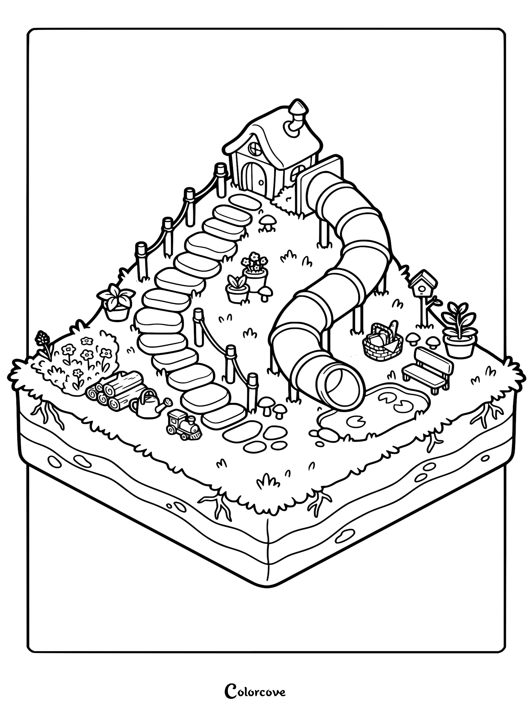 A printable isometric coloring page featuring a whimsical garden with a tube slide, stepping stone path, tiny cabin, and a picnic basket by a lily pad pond.
