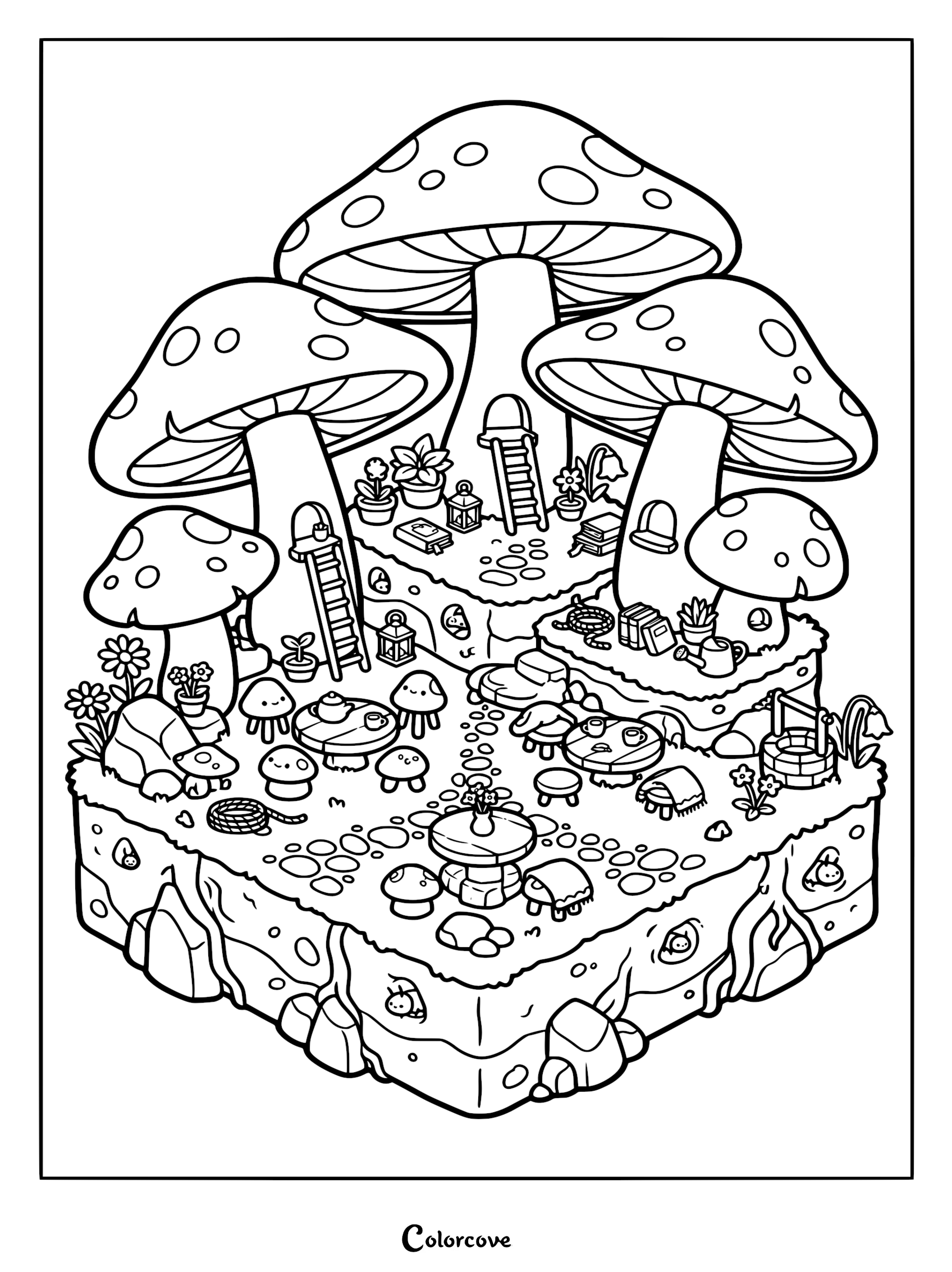 Isometric coloring page of a magical mushroom village featuring tiered landscape, ladders, tea tables, potted plants, and hidden tunnels.