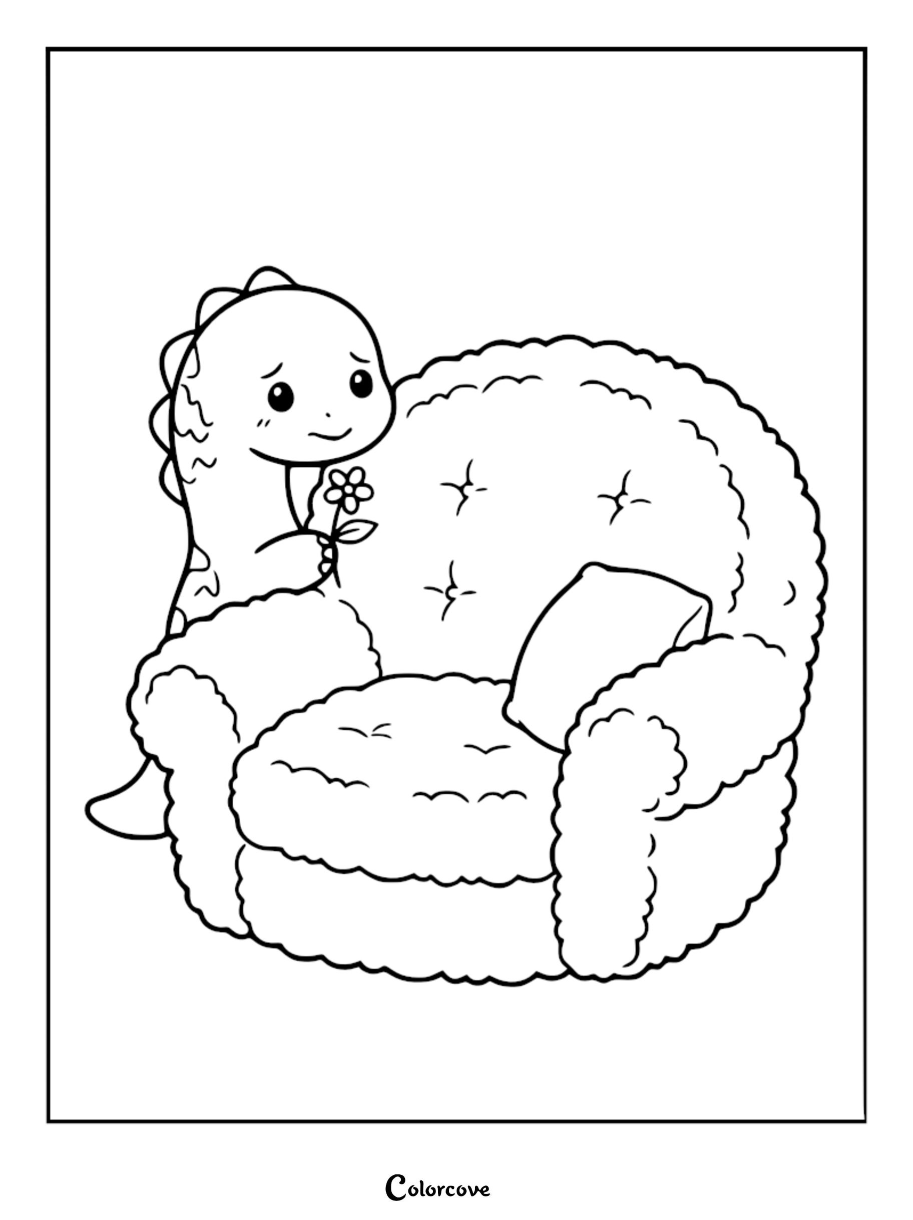 A cute cartoon dinosaur holding a small flower next to a plush, tufted cozy sofa in this printable coloring page.