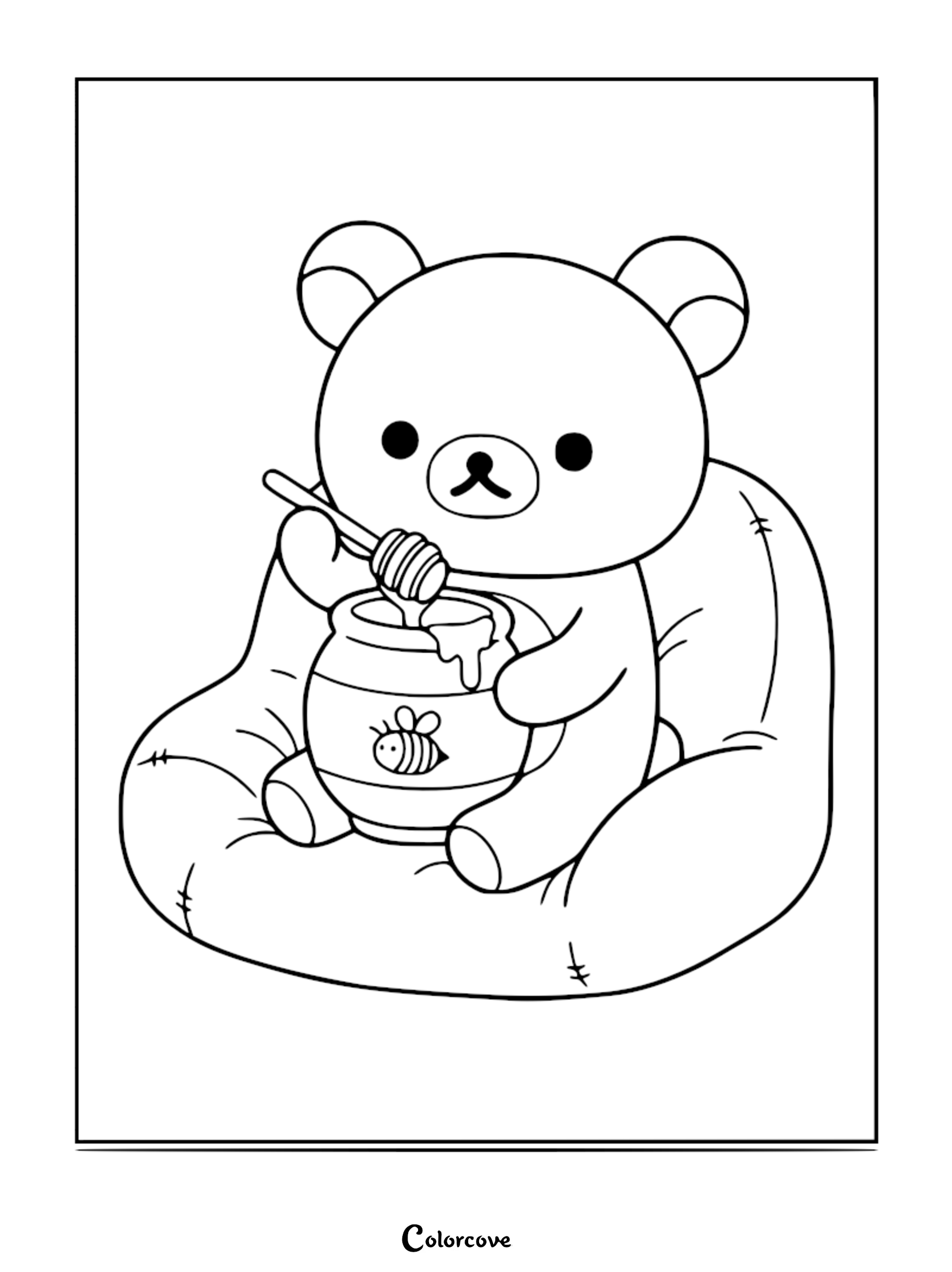 Rilakkuma sitting on a cozy beanbag sofa holding a honey dipper and a honey pot in this printable coloring page.