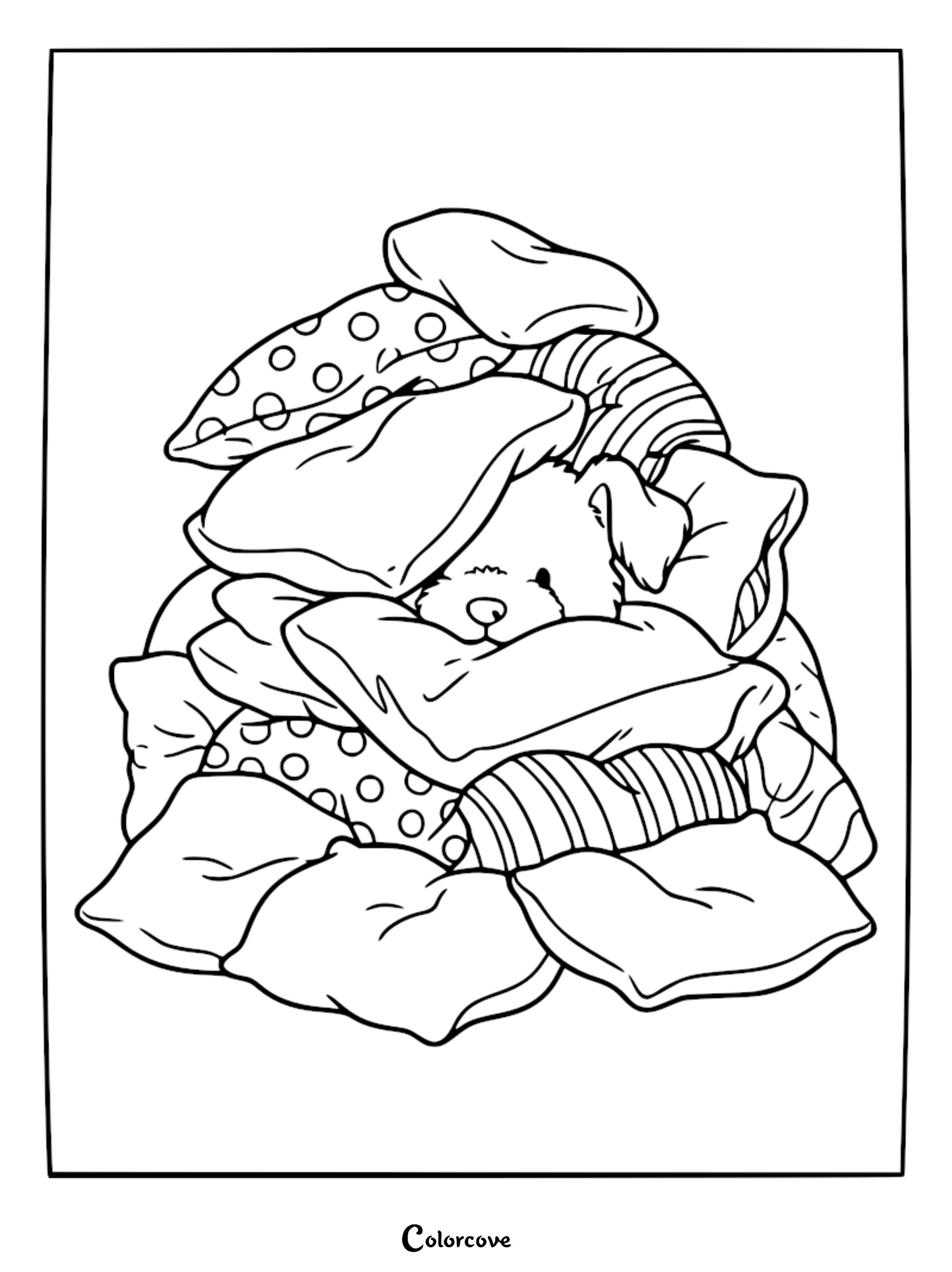 A cute puppy peeking out from a large, cozy pile of polka-dot and striped cushions in this printable coloring page.