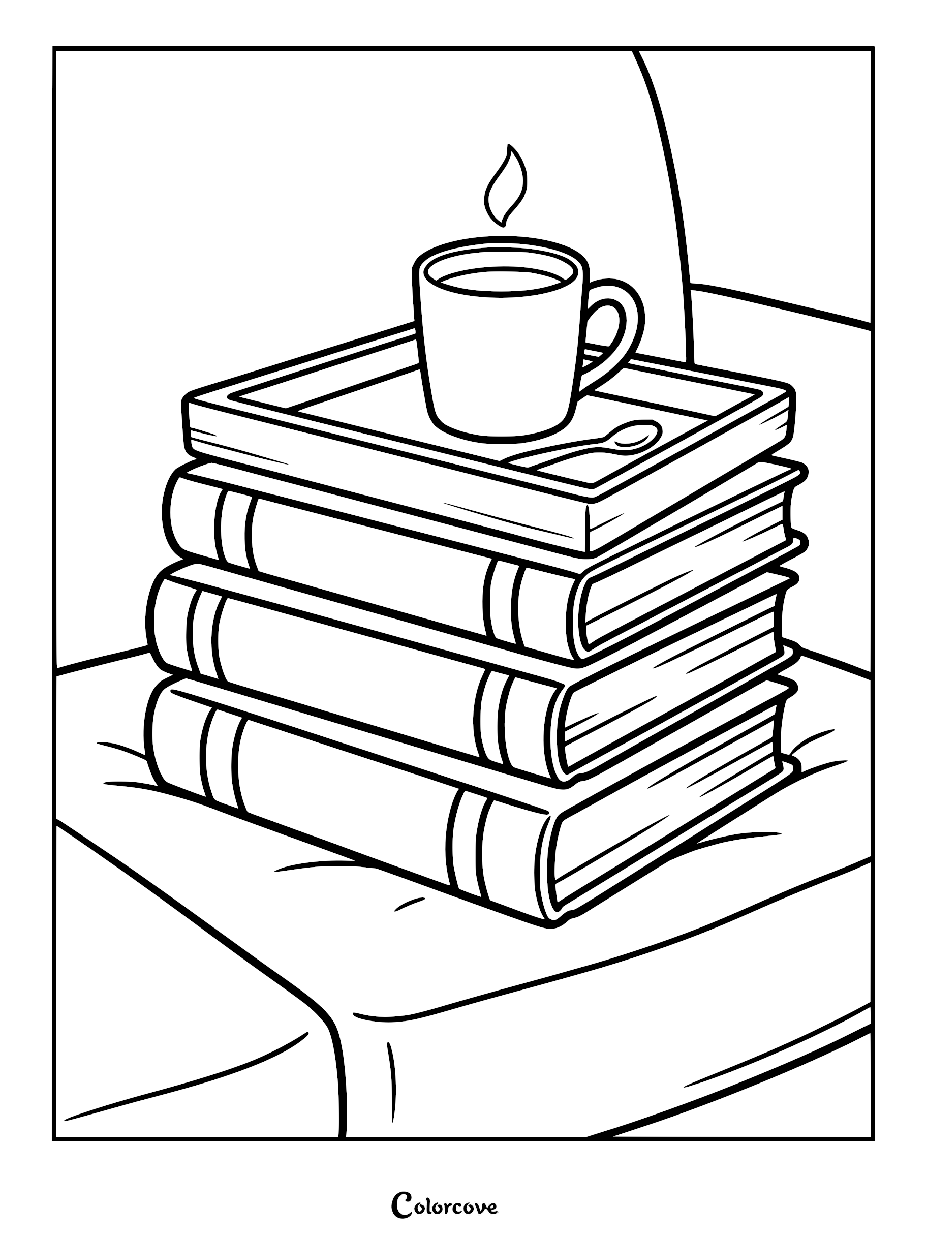 A coloring page featuring a stack of three hardcover books topped with a wooden tray holding a steaming mug and a small spoon on a sofa cushion.
