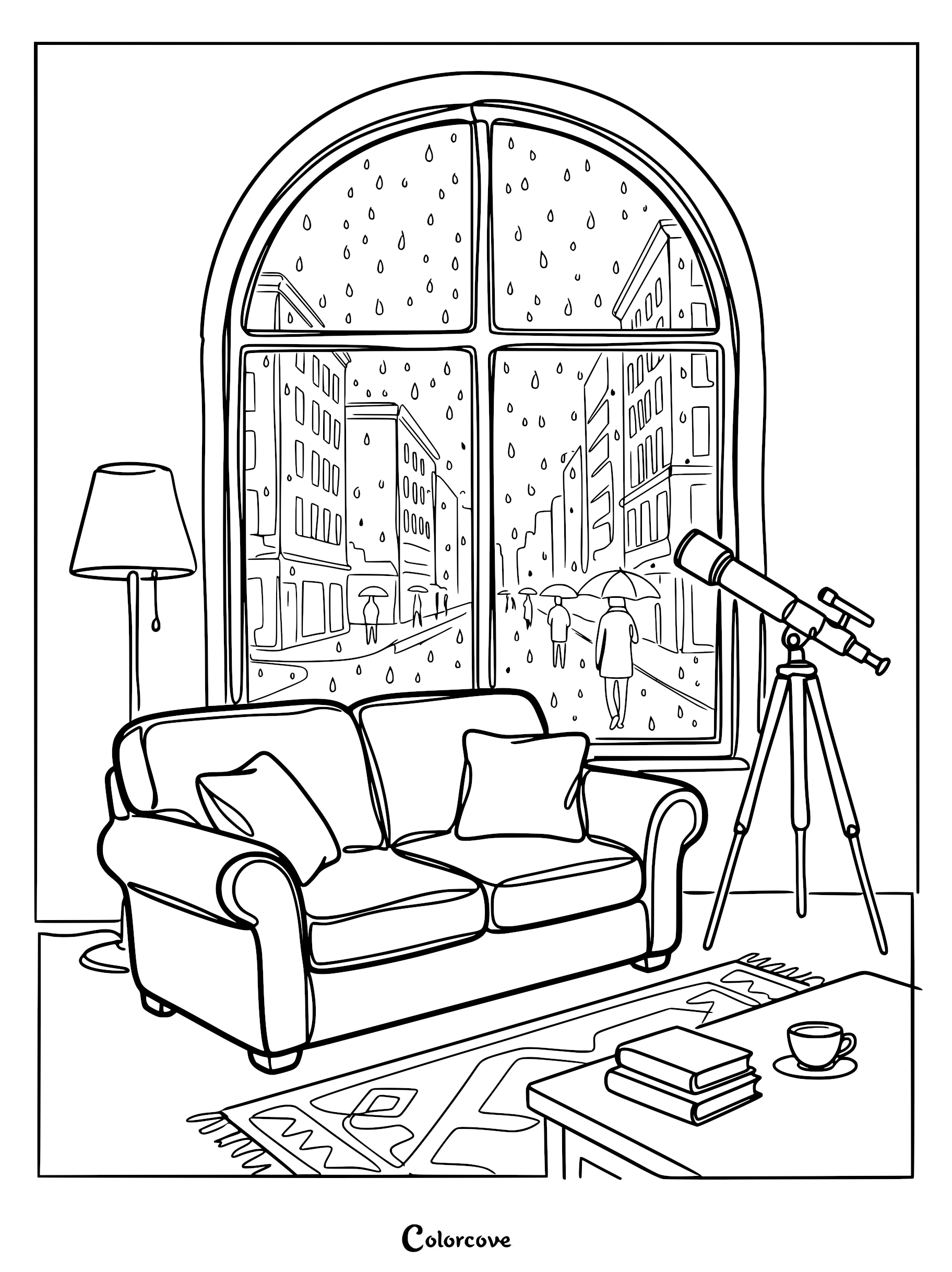 A cozy sofa coloring page featuring a plush couch, a telescope, and a rainy city view through an arched window.