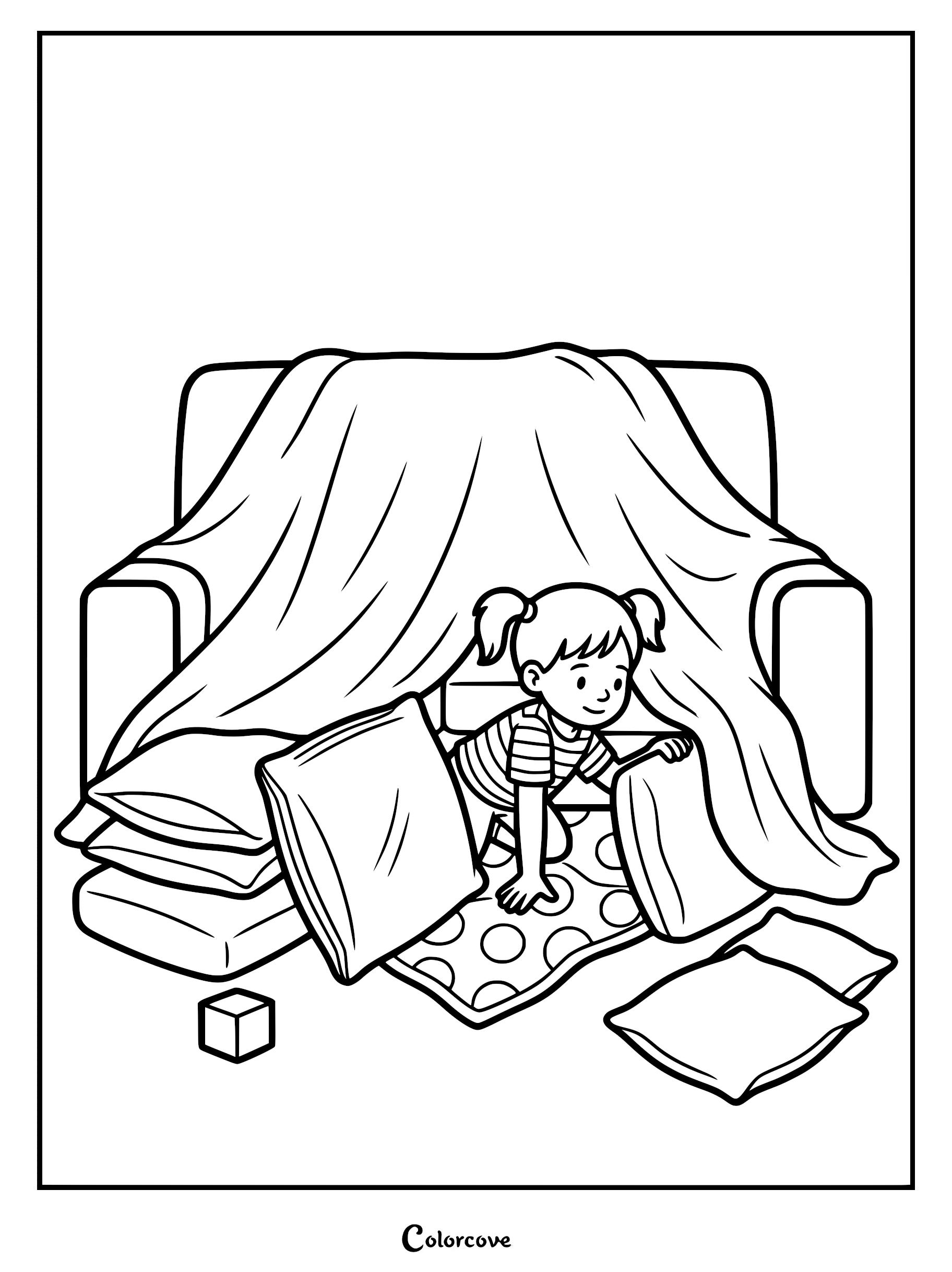 A young girl with pigtails crawling inside a cozy blanket fort made from a sofa, pillows, and a polka-dot rug in this printable coloring page.
