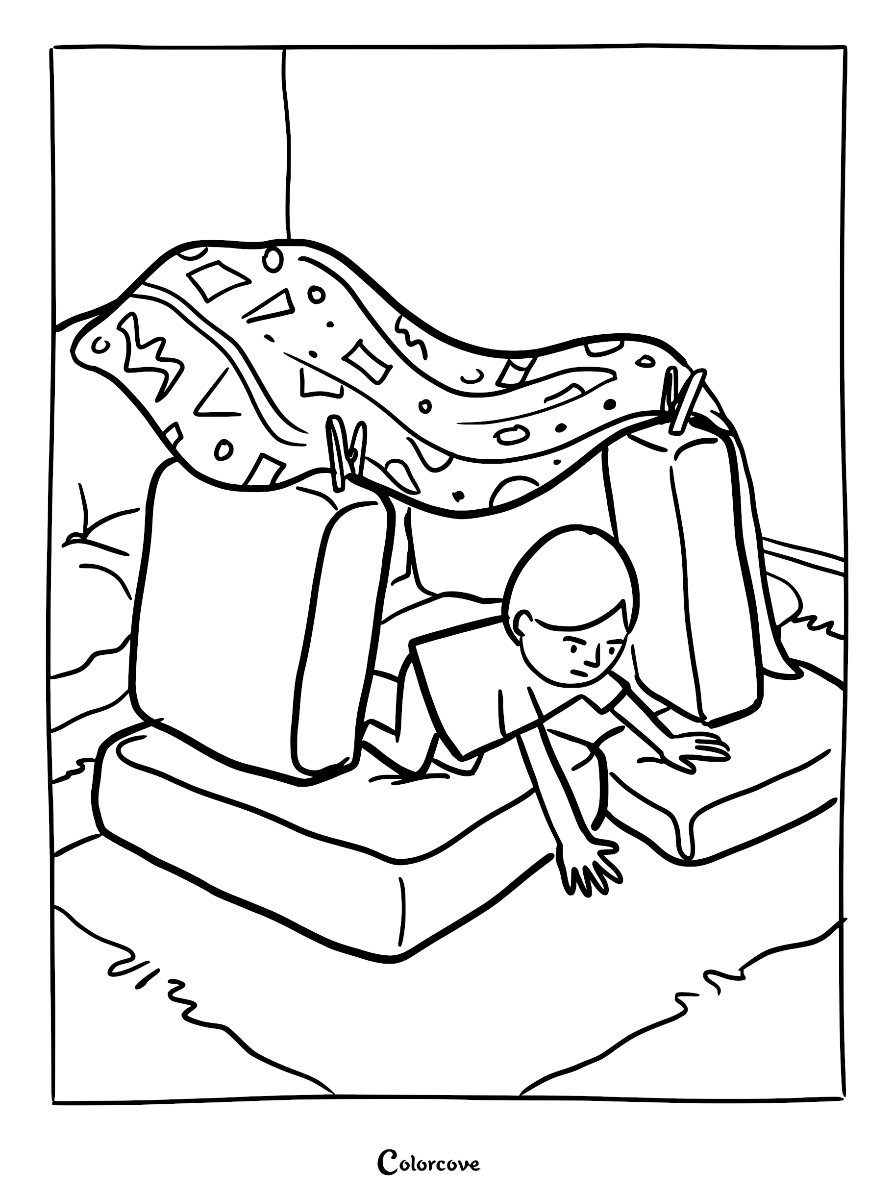 A child crawling out of a DIY fort made from sofa cushions and a patterned blanket in this printable coloring page.
