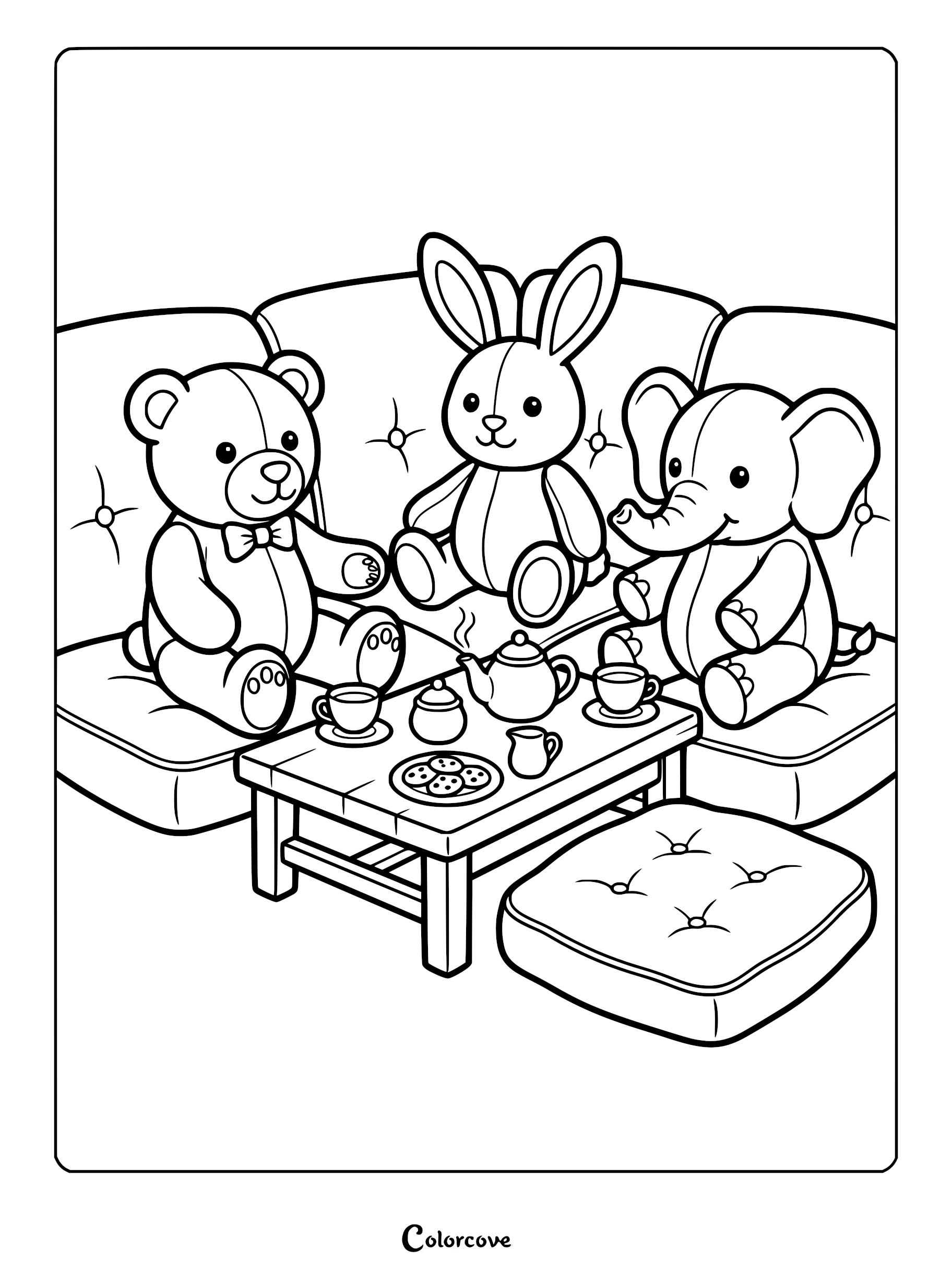 A teddy bear, a rabbit, and an elephant plush toy sitting on a tufted sofa having a tea party, coloring page.