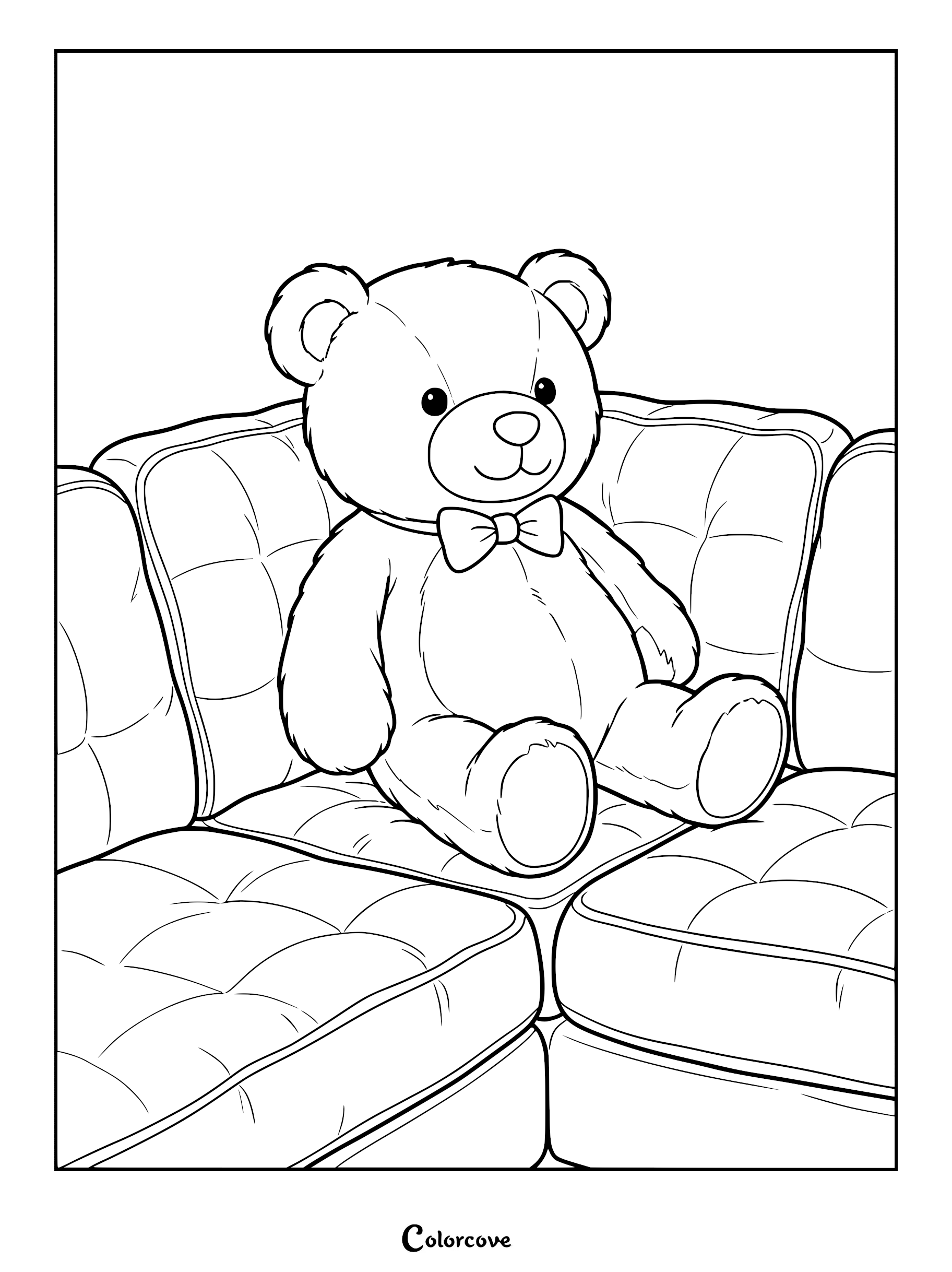 A cute teddy bear wearing a bow tie sitting on a tufted cozy sofa in this printable coloring page.