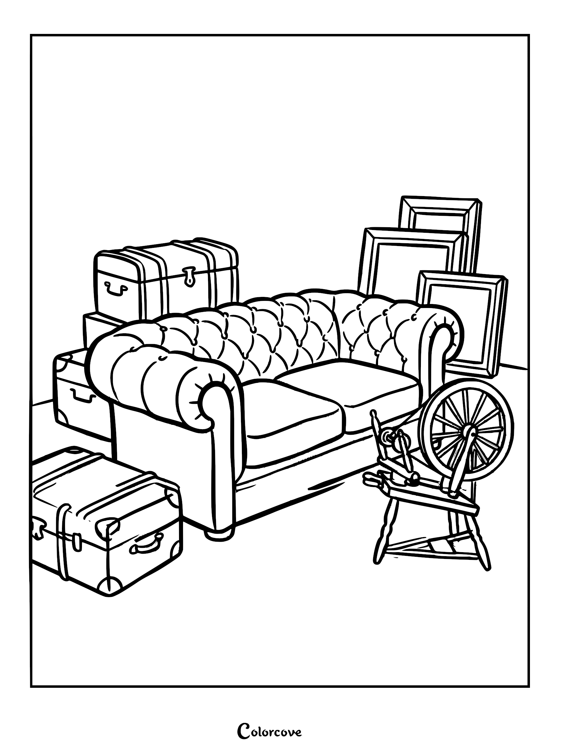 A tufted leather style sofa surrounded by vintage trunks, picture frames, and a spinning wheel in this detailed coloring page.
