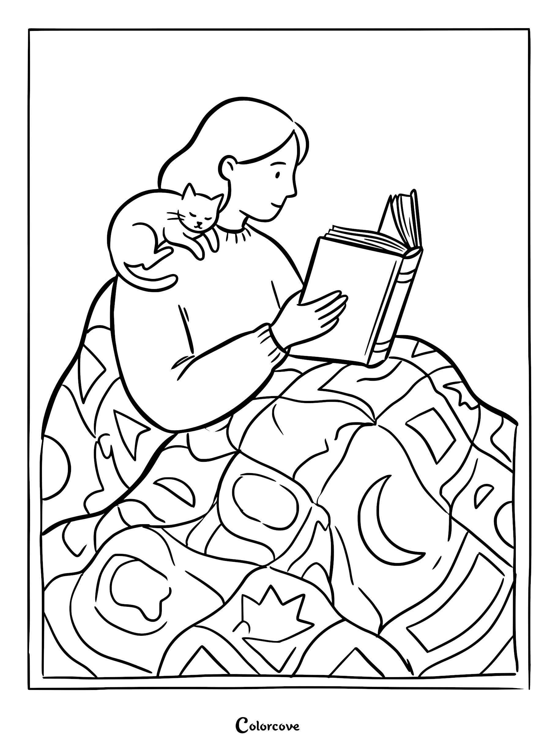 A girl sitting on a cozy sofa reading a book with a cat resting on her shoulder, line art coloring page.