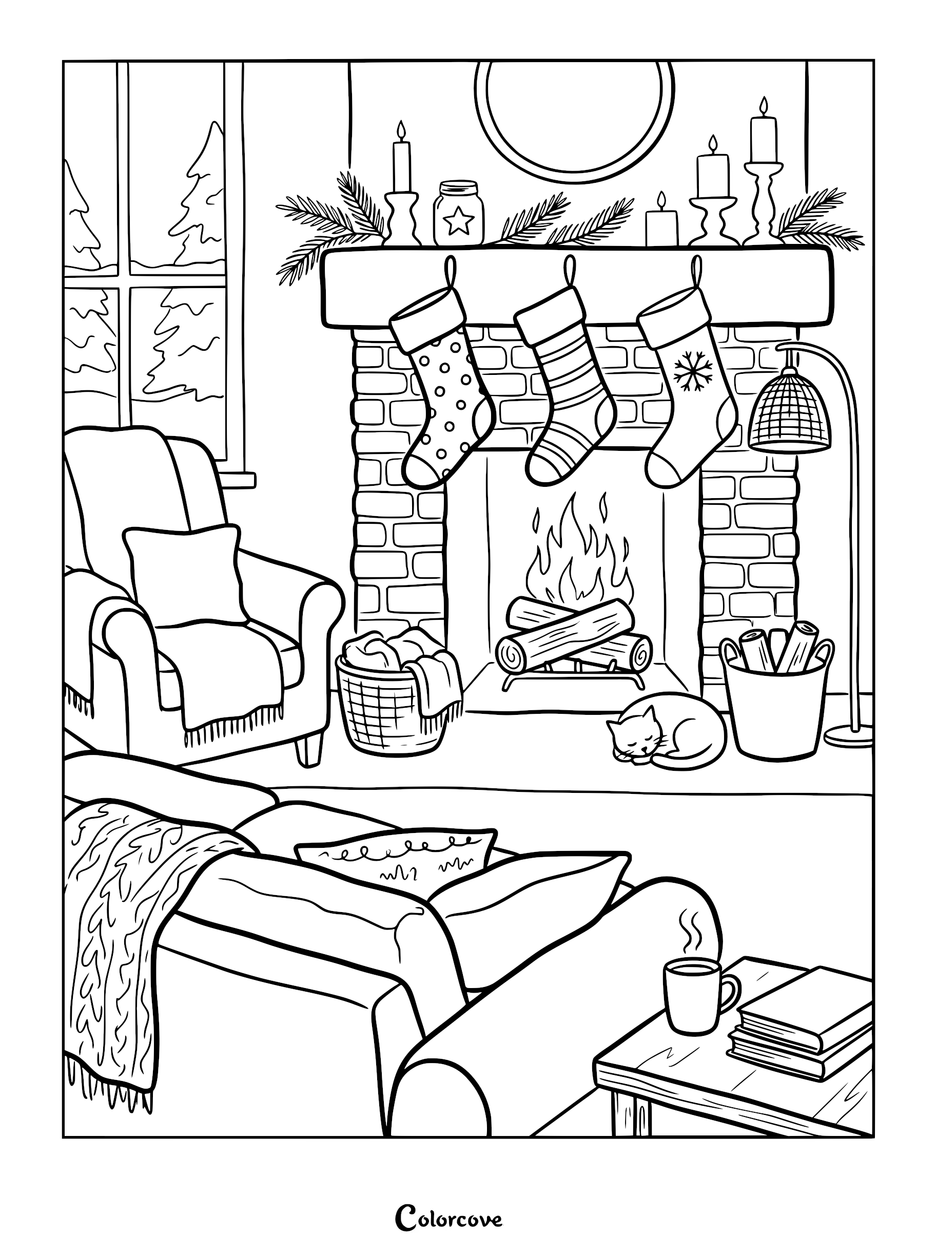 A cozy living room coloring page featuring a sofa with a knit throw blanket, a fireplace with hanging stockings, and a sleeping cat on the rug.