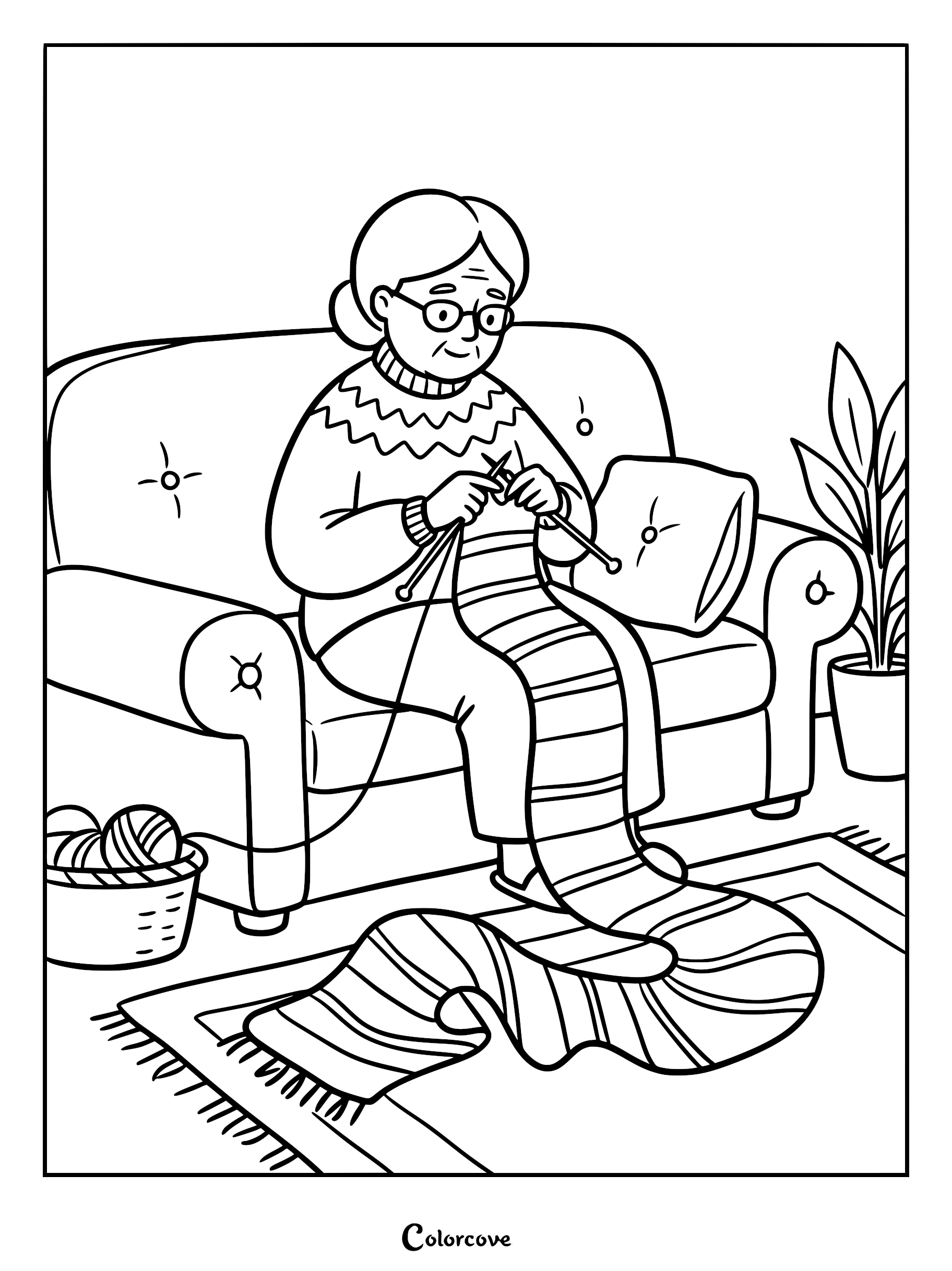 A grandmother with glasses knitting a long striped scarf while sitting on a cozy sofa, coloring page style line art.