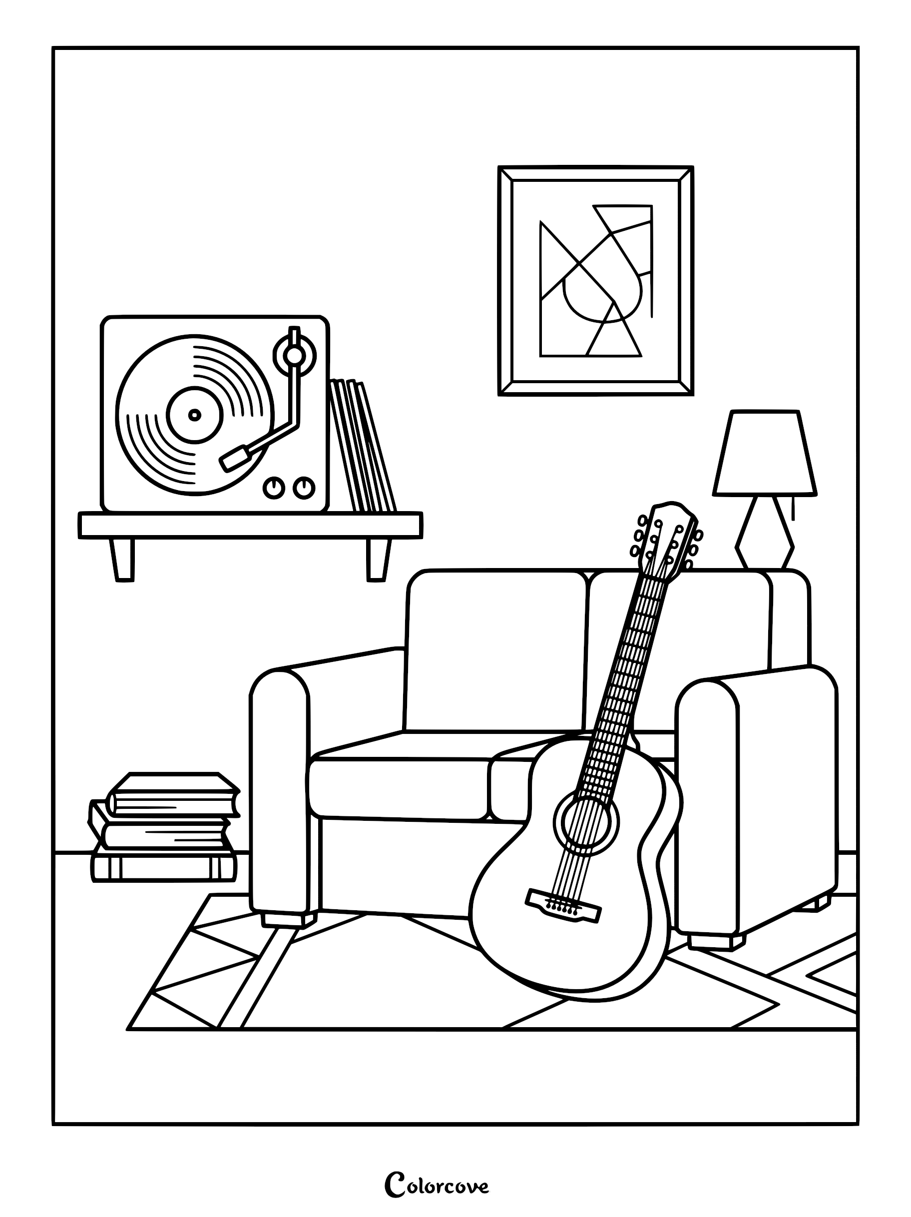 A cozy sofa coloring page featuring an acoustic guitar leaning against it, a record player on a shelf, and a stack of books.
