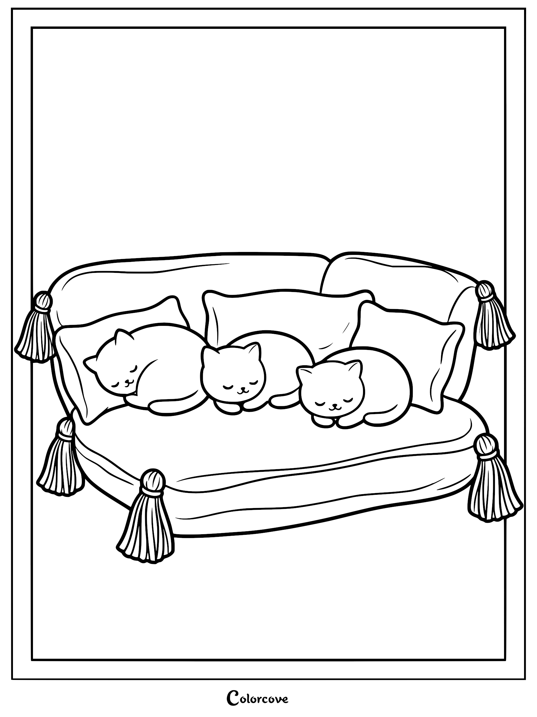 Three cute cats curled up and sleeping on a plush sofa with decorative tassels, line art coloring page.