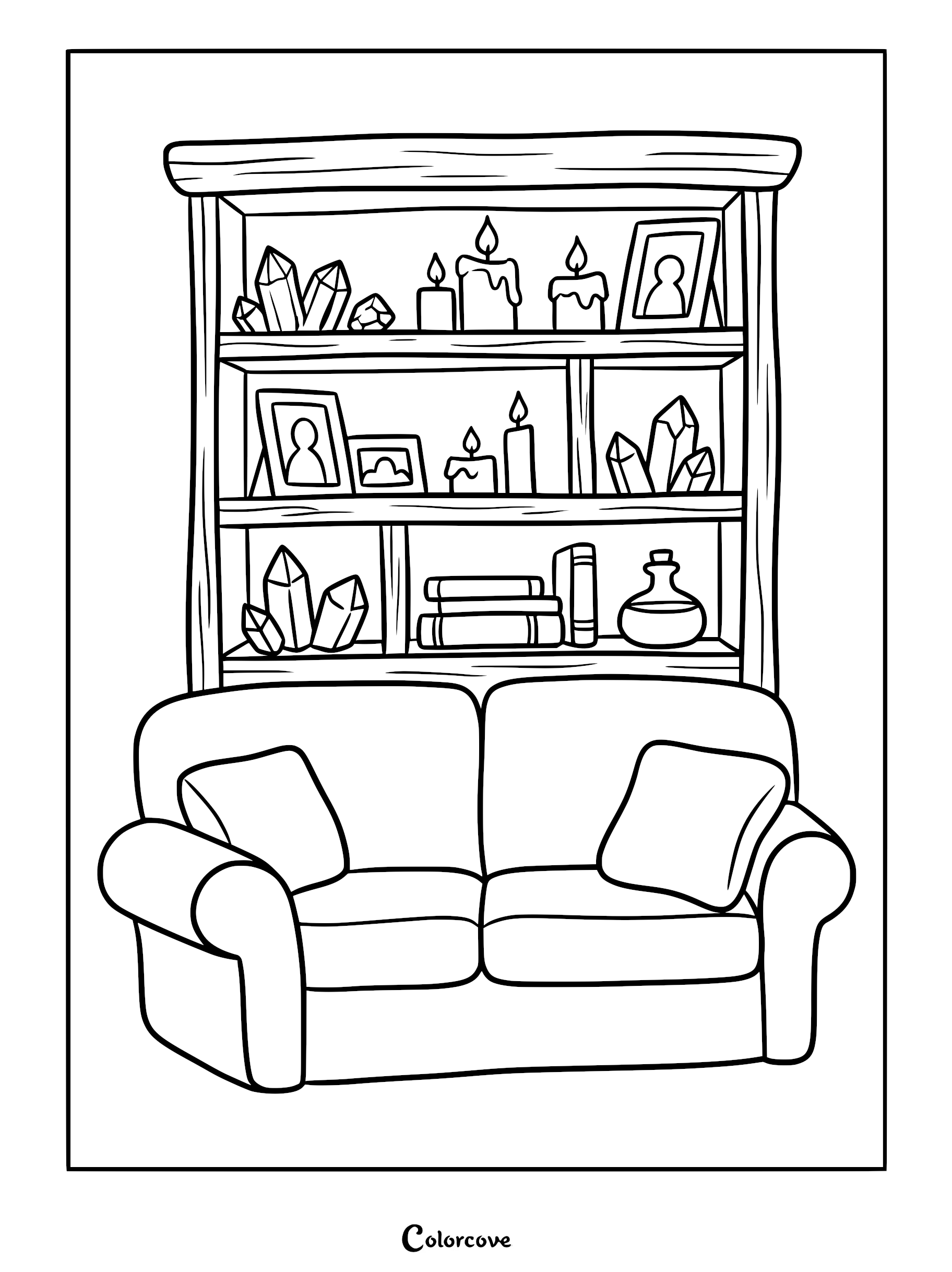 A cozy sofa coloring page featuring a bookshelf filled with crystals, candles, picture frames, and books.