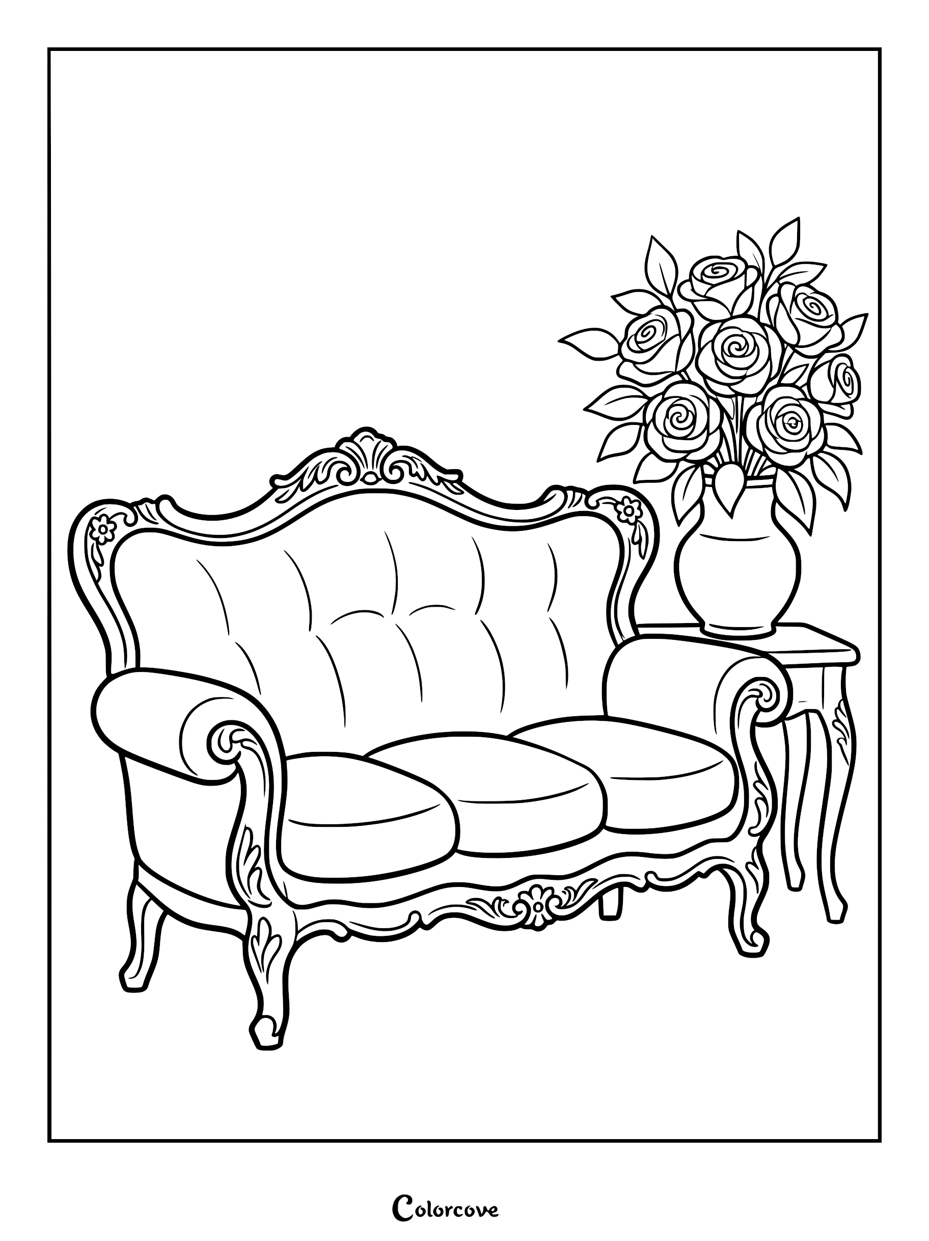 A detailed coloring page featuring an ornate Victorian-style sofa next to a small side table holding a vase of blooming roses.