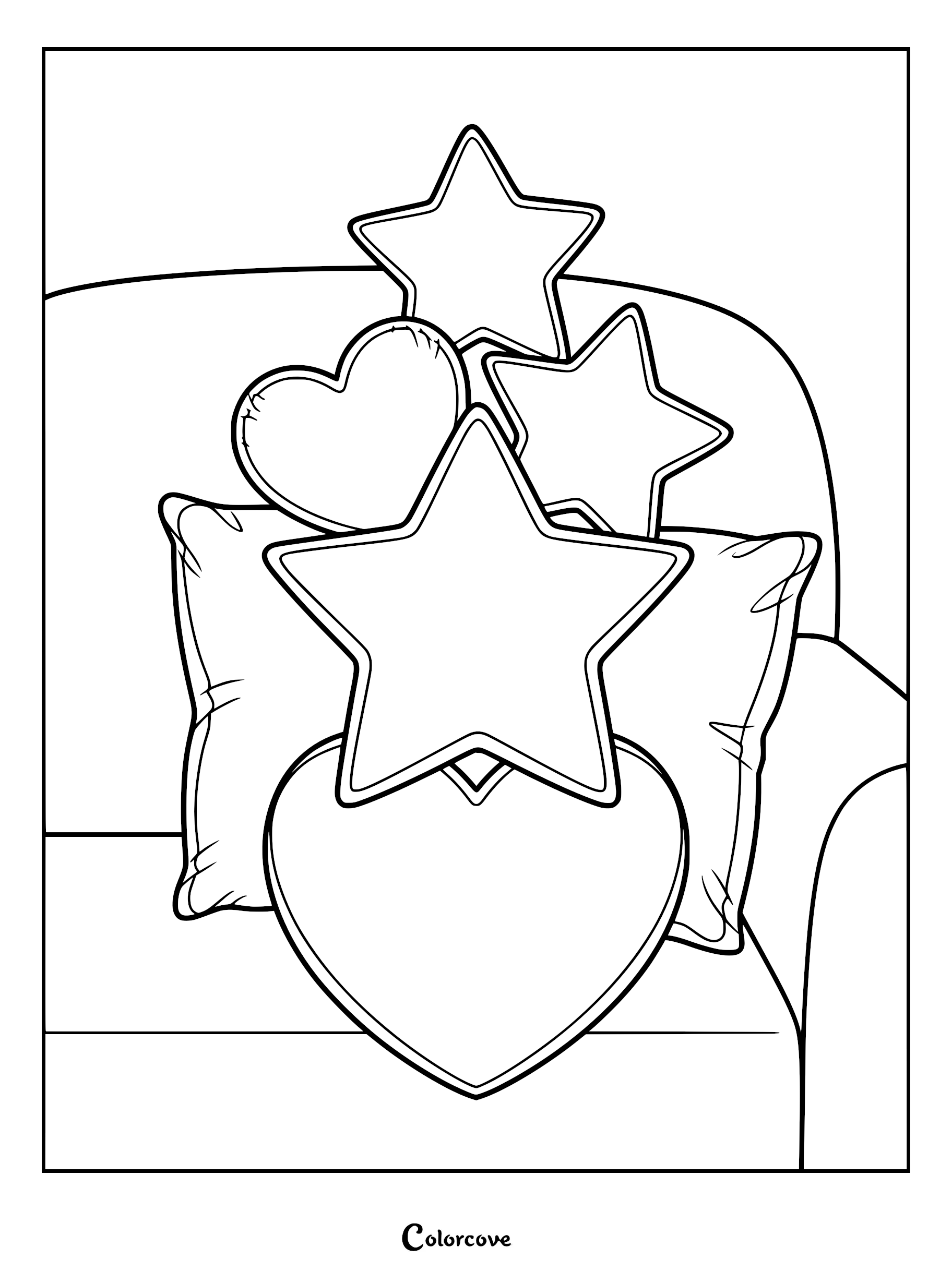 A coloring page featuring a cozy sofa adorned with star and heart-shaped decorative pillows.