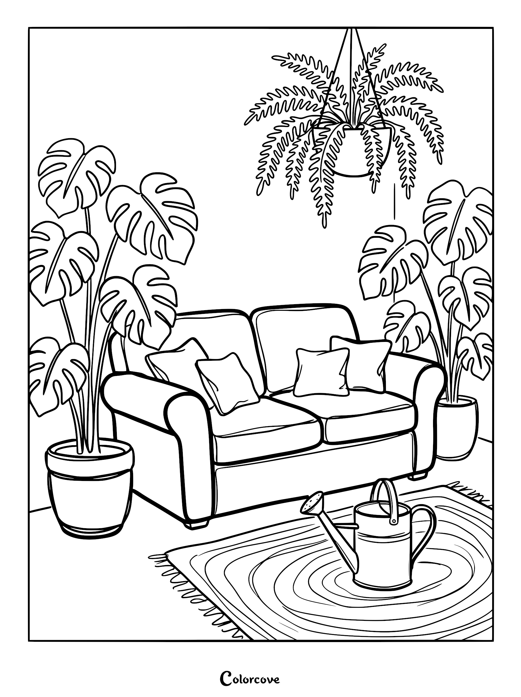 A cozy sofa coloring page featuring a two-seater couch surrounded by large monstera plants, a hanging fern, and a watering can on a rug.