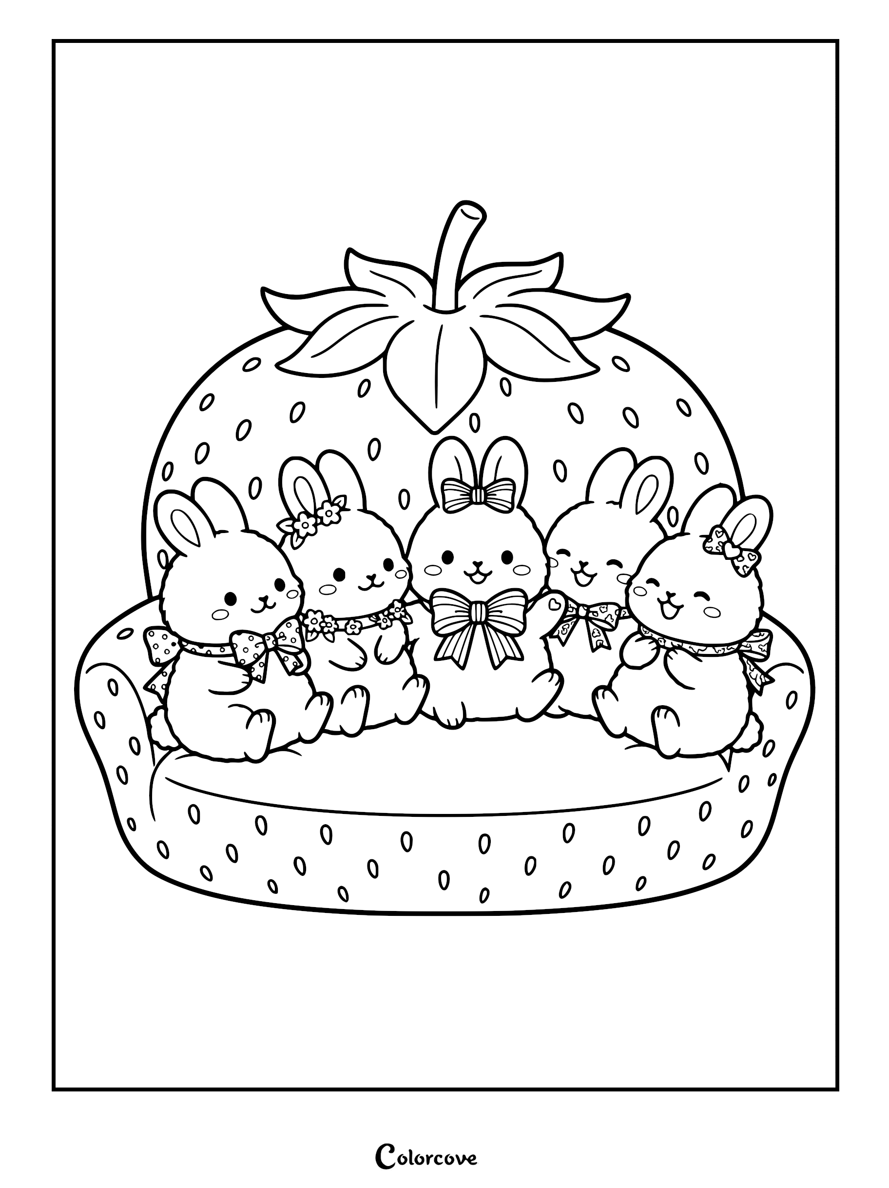 Five cute bunnies wearing bows and floral accessories sitting together on a strawberry-shaped cozy sofa coloring page.