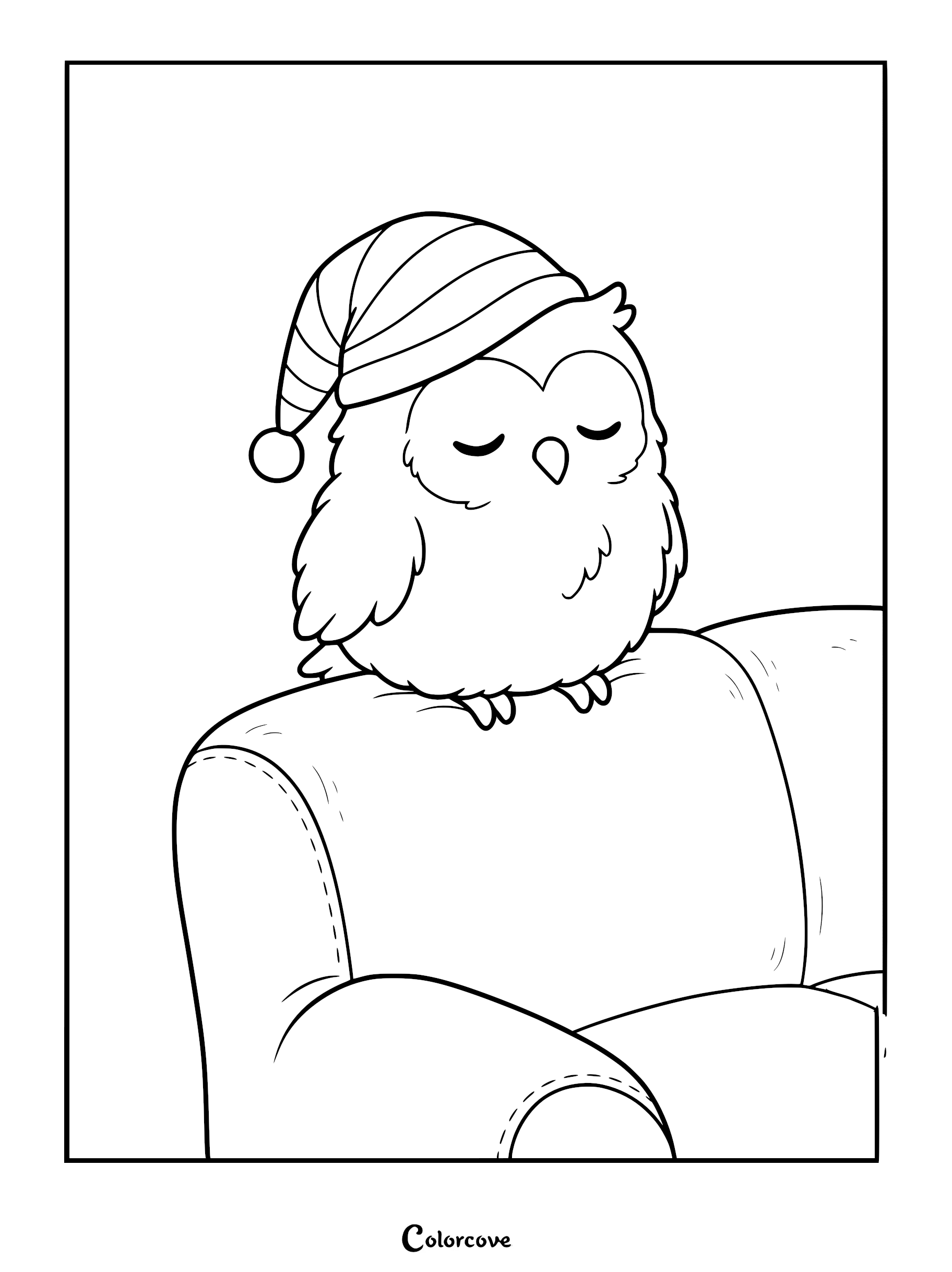 A cute owl wearing a striped nightcap sleeping on a cozy sofa coloring page.