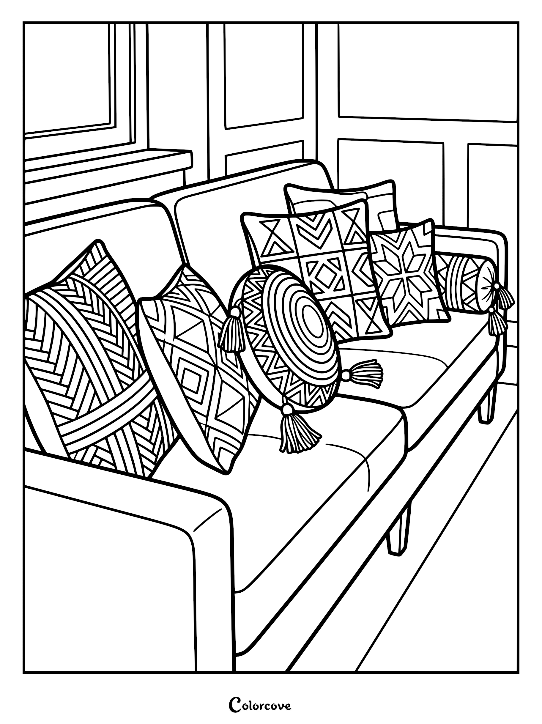 A cozy sofa coloring page featuring a couch lined with various patterned throw pillows including geometric, circular, and tasseled designs.