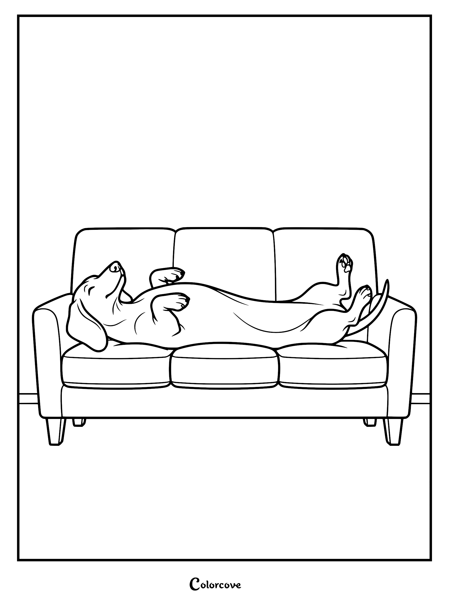 A happy dachshund sleeping on its back on a cozy sofa in this printable coloring page.