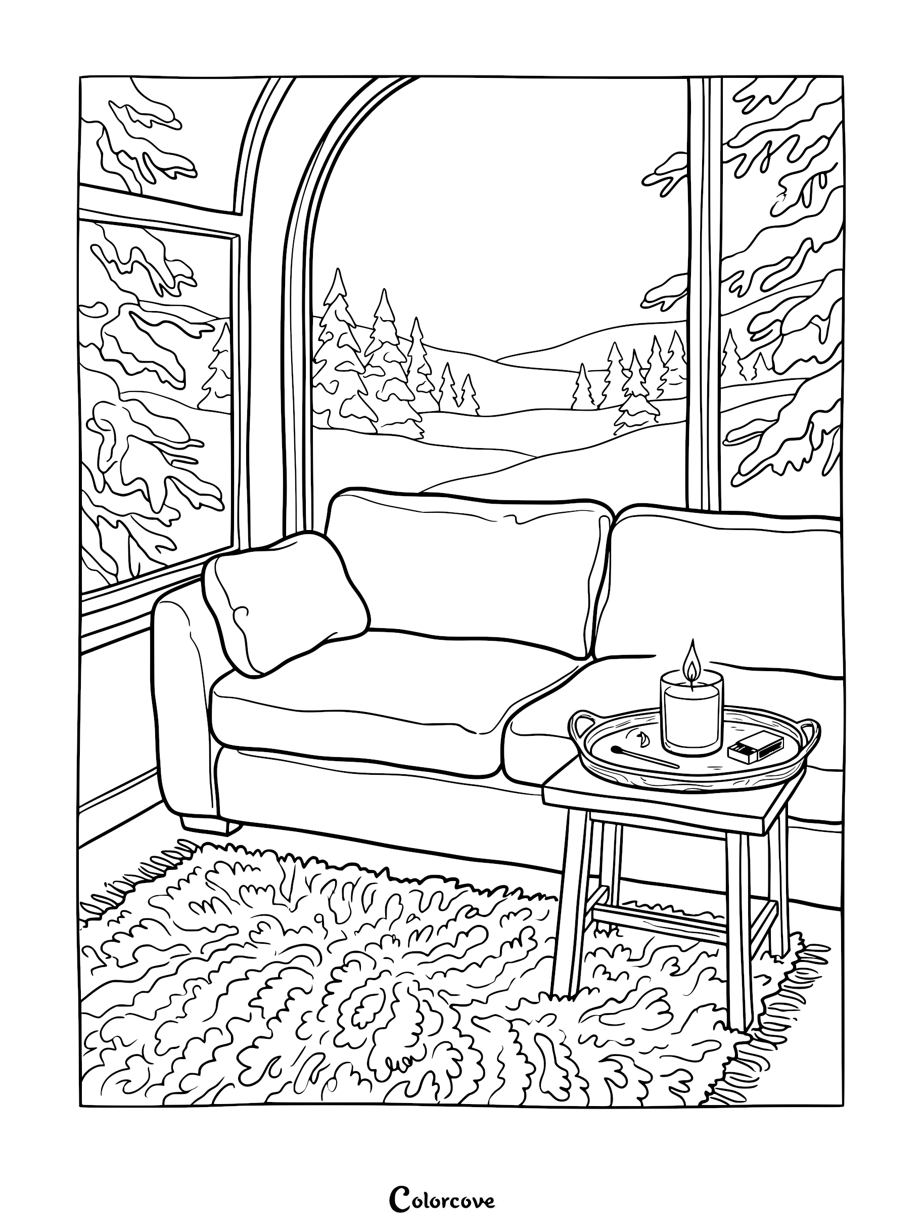 A cozy sofa coloring page featuring a plush couch, a shaggy rug, and a side table with a lit candle overlooking a snowy winter forest landscape.