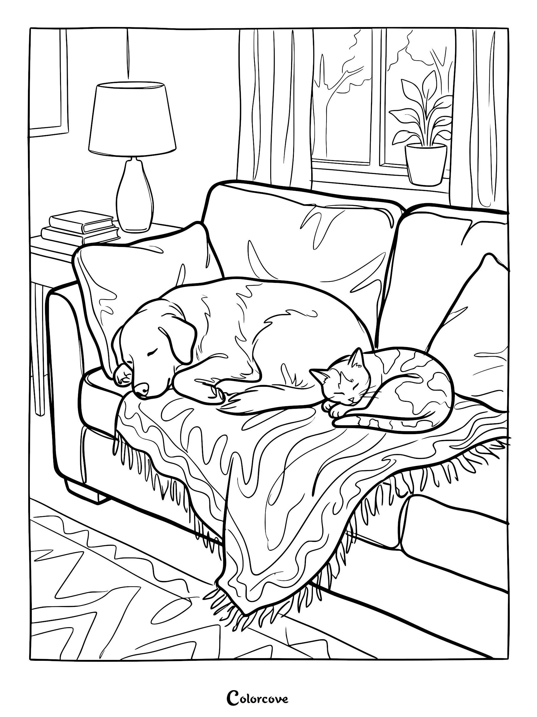 A dog and a cat sleeping together on a cozy sofa under a blanket, coloring page illustration.