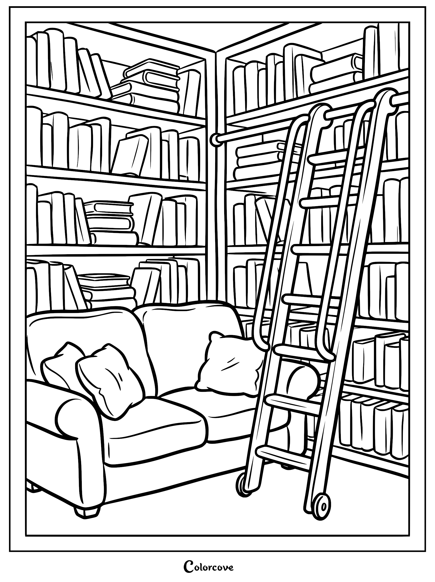 A cozy sofa with plush pillows nestled in a corner library with floor-to-ceiling bookshelves and a rolling library ladder in this coloring page.