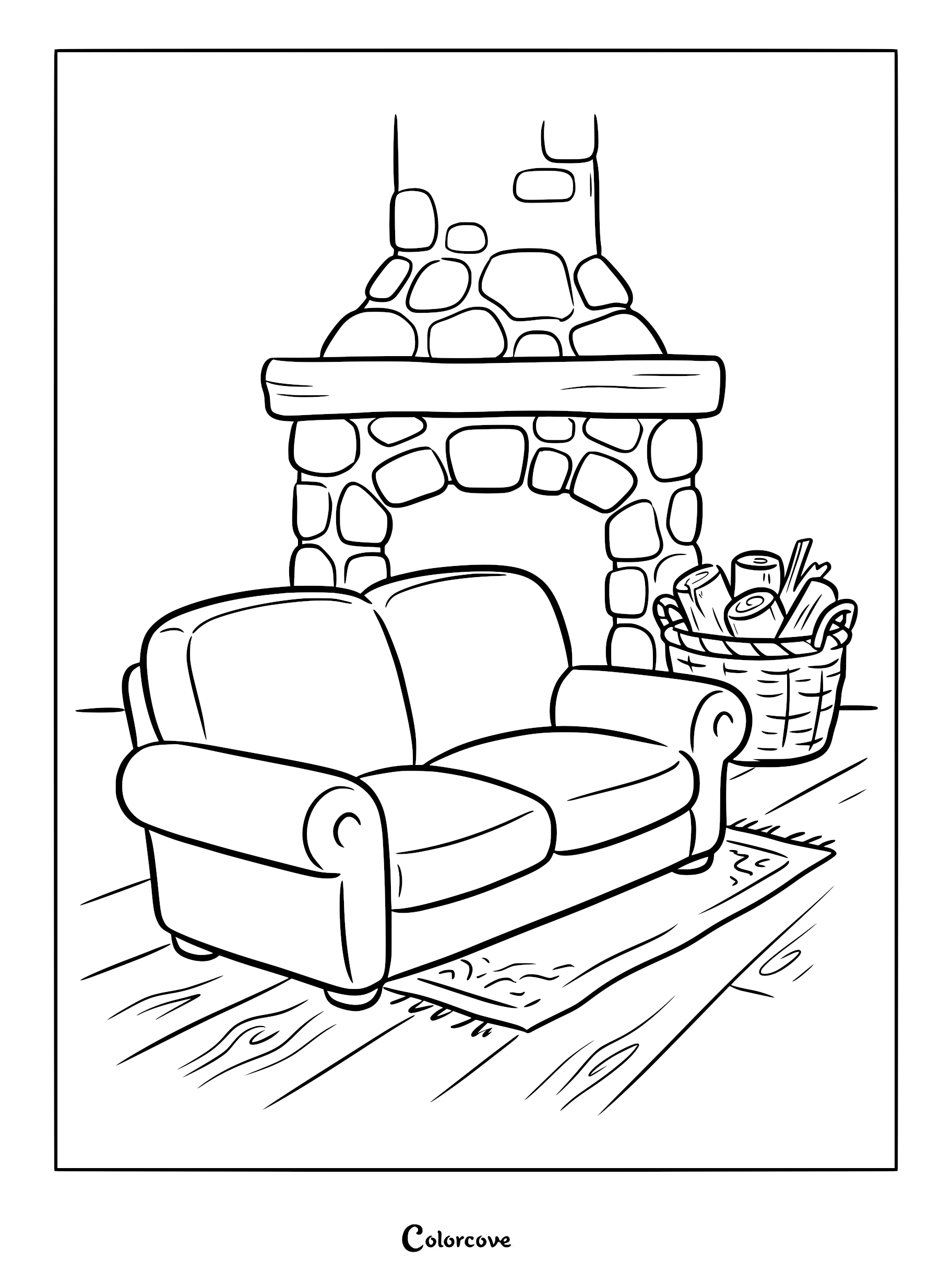 A cozy sofa coloring page featuring a plush couch sitting on a rug in front of a stone fireplace with a basket of firewood.