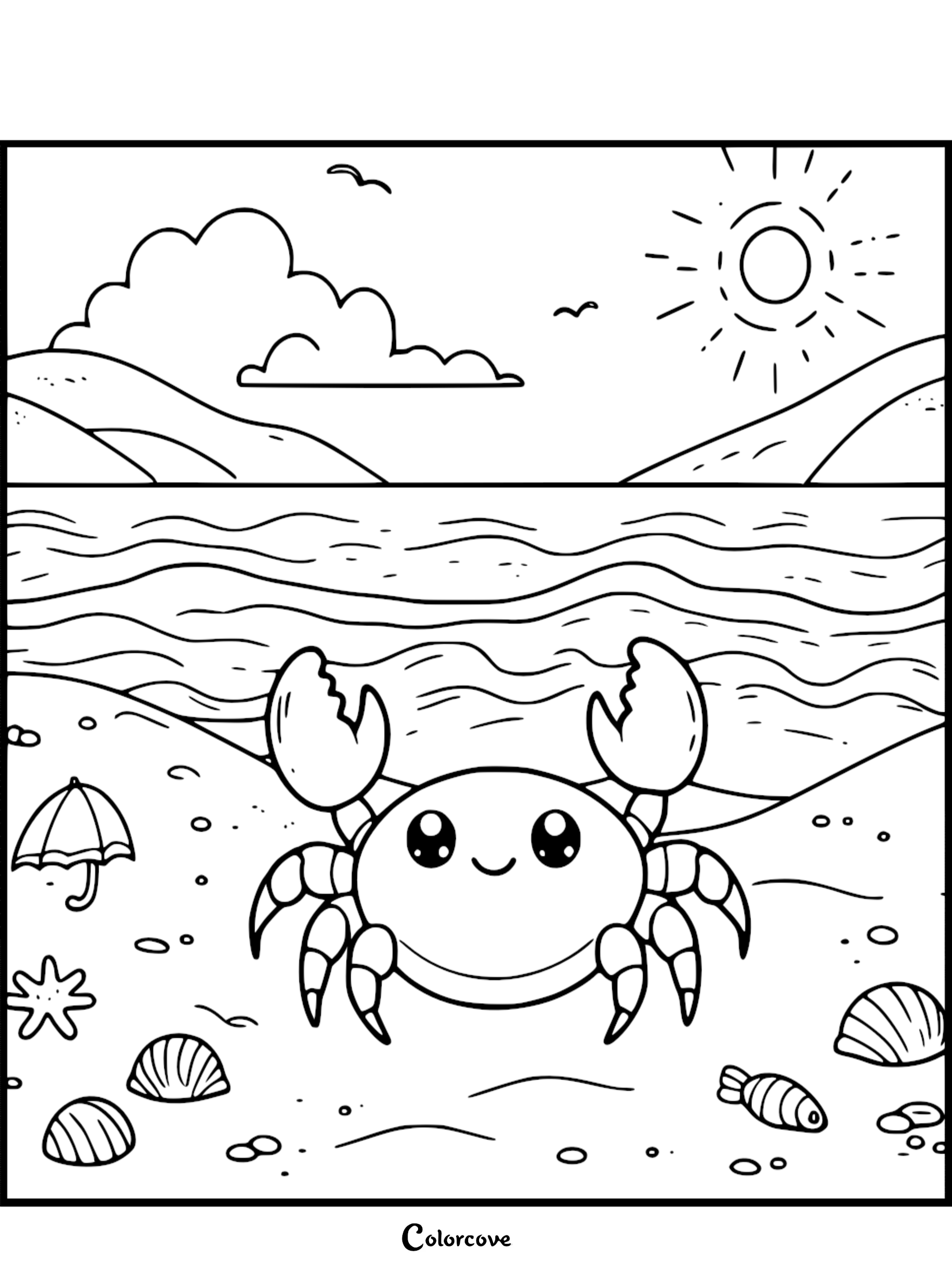 Cute crab coloring page with beach, sun, sea, and shells. Ideal for kids' creativity and fun beach-themed activities.