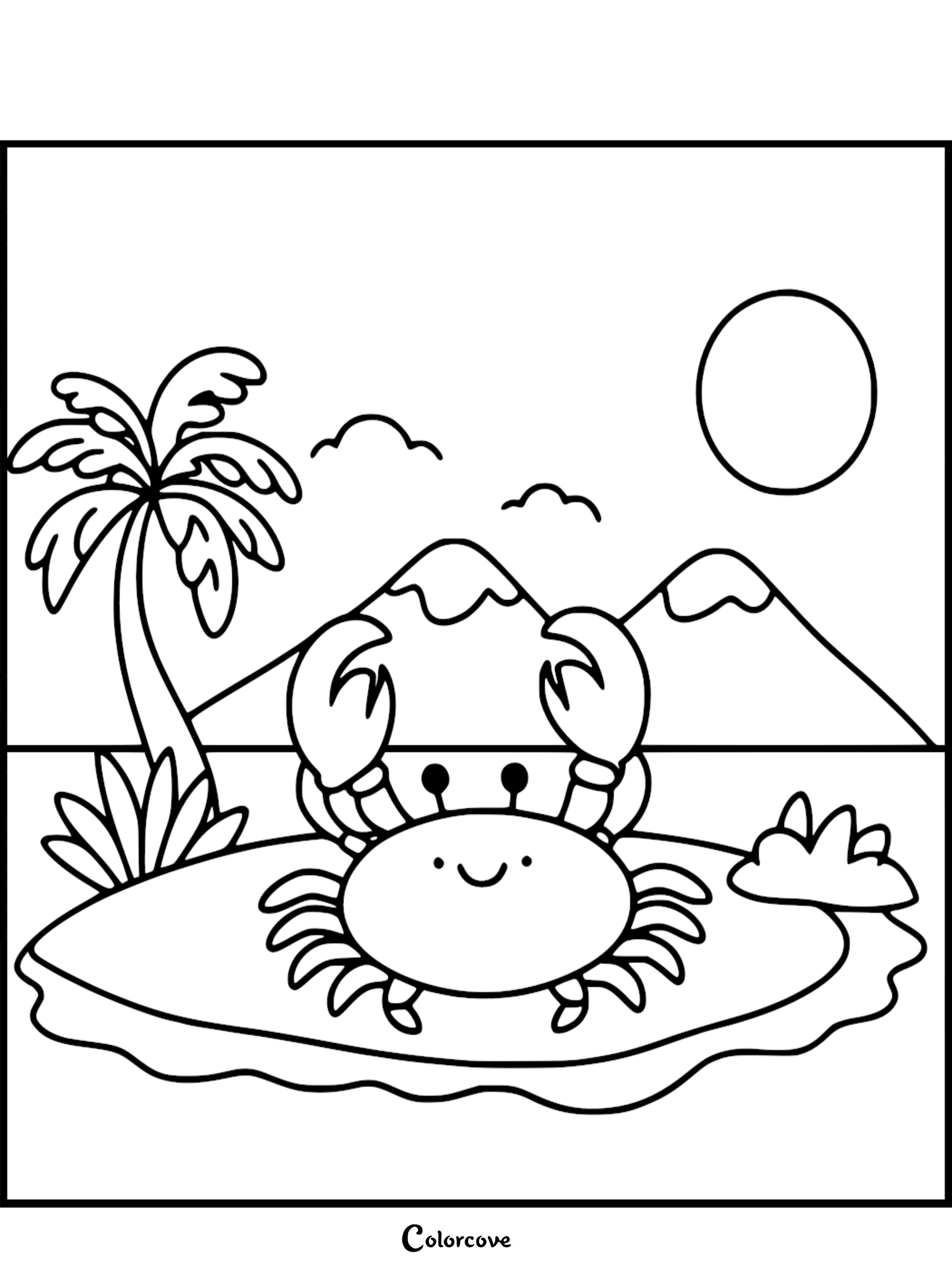 Crab coloring page for kids, featuring a happy crab on an island with palm tree, mountains, and sun in the background.