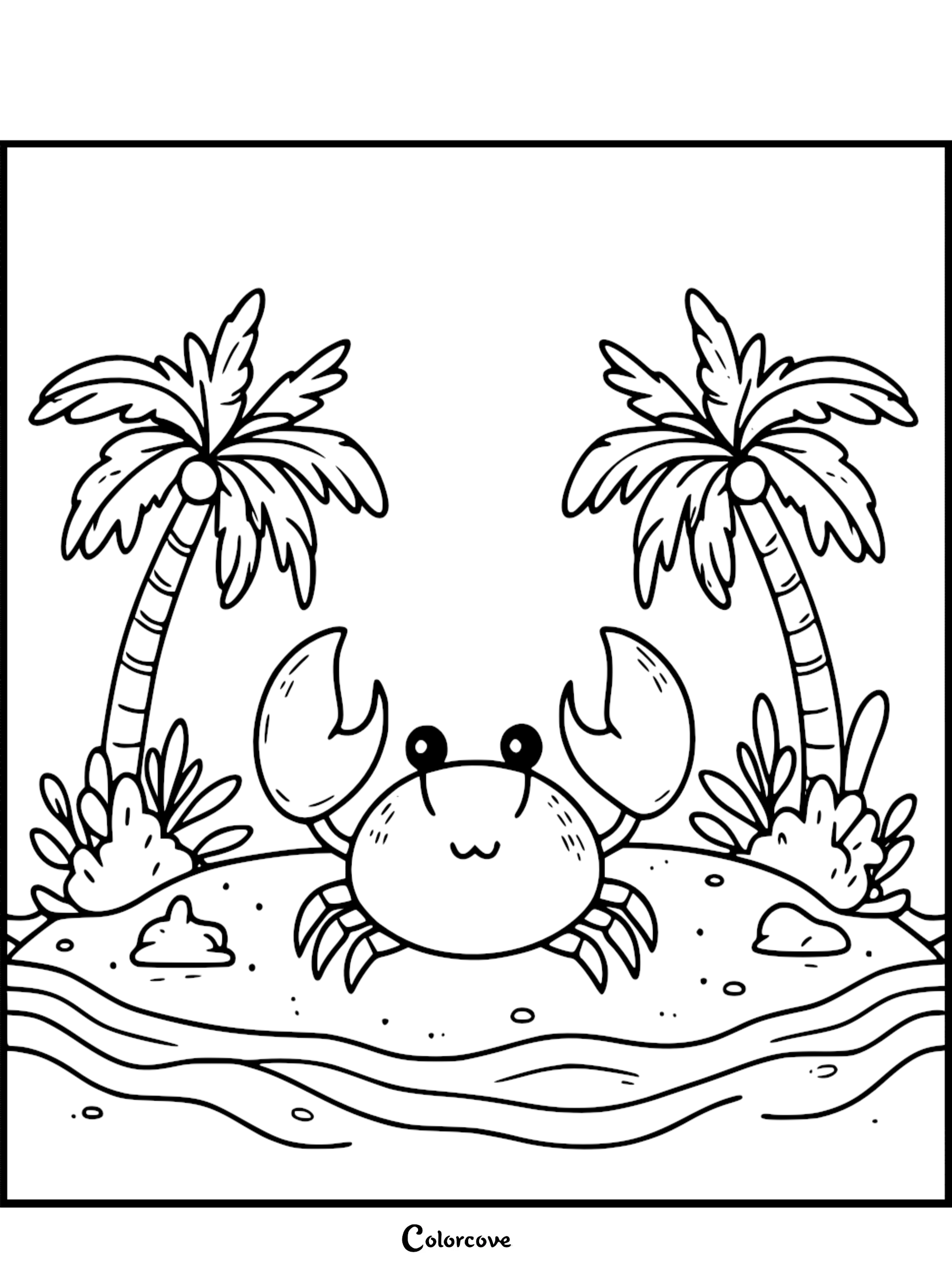 Cute crab coloring page with palm trees and sandy beach for kids. Printable, fun, and easy seaside-themed activity.