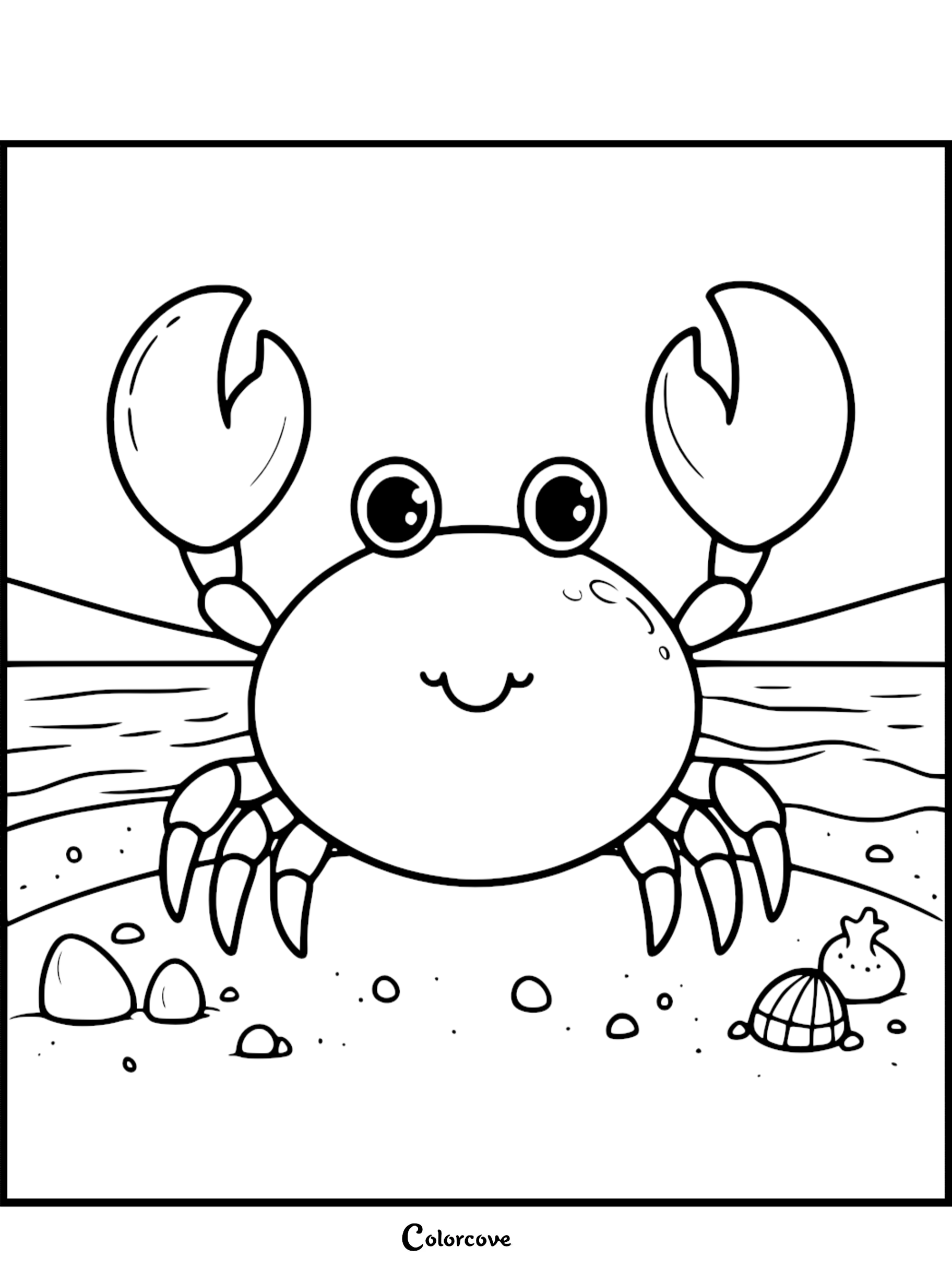 Cute crab coloring page for kids, with ocean background and shells. Printable beach scene, fun seaside coloring activity.