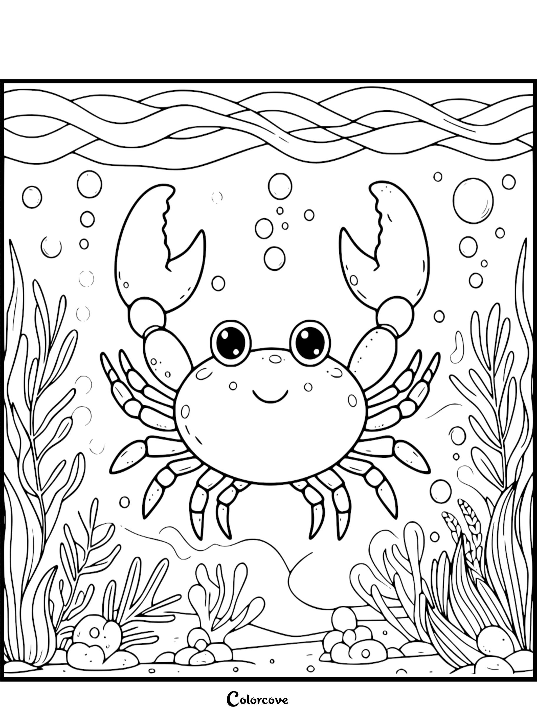 Coloring page of a cute smiling crab underwater with seaweed and bubbles, perfect for kids and ocean-themed activities.