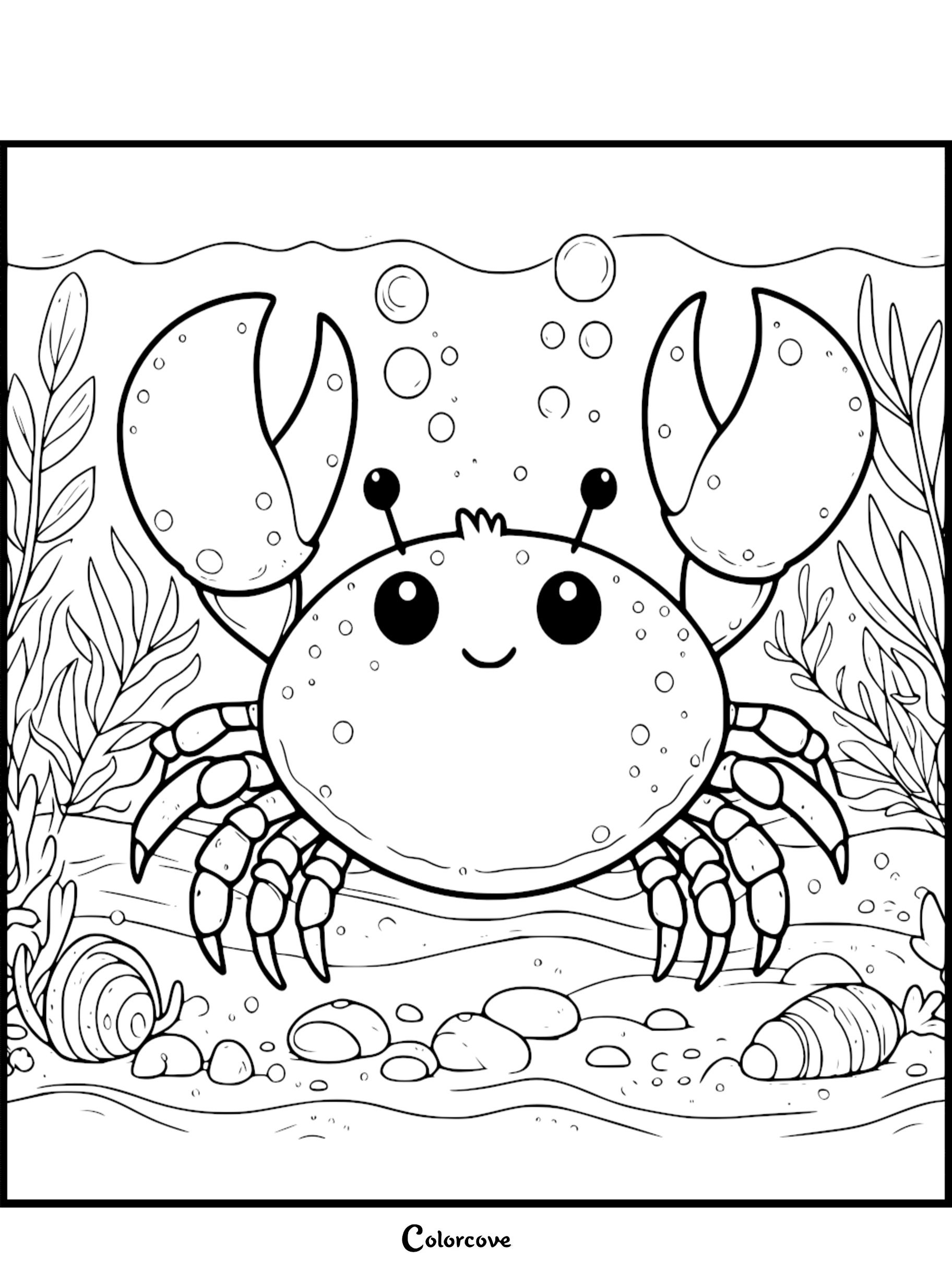 Cute crab coloring page with underwater scene, featuring seaweed and shells. Perfect for kids' ocean-themed coloring fun.