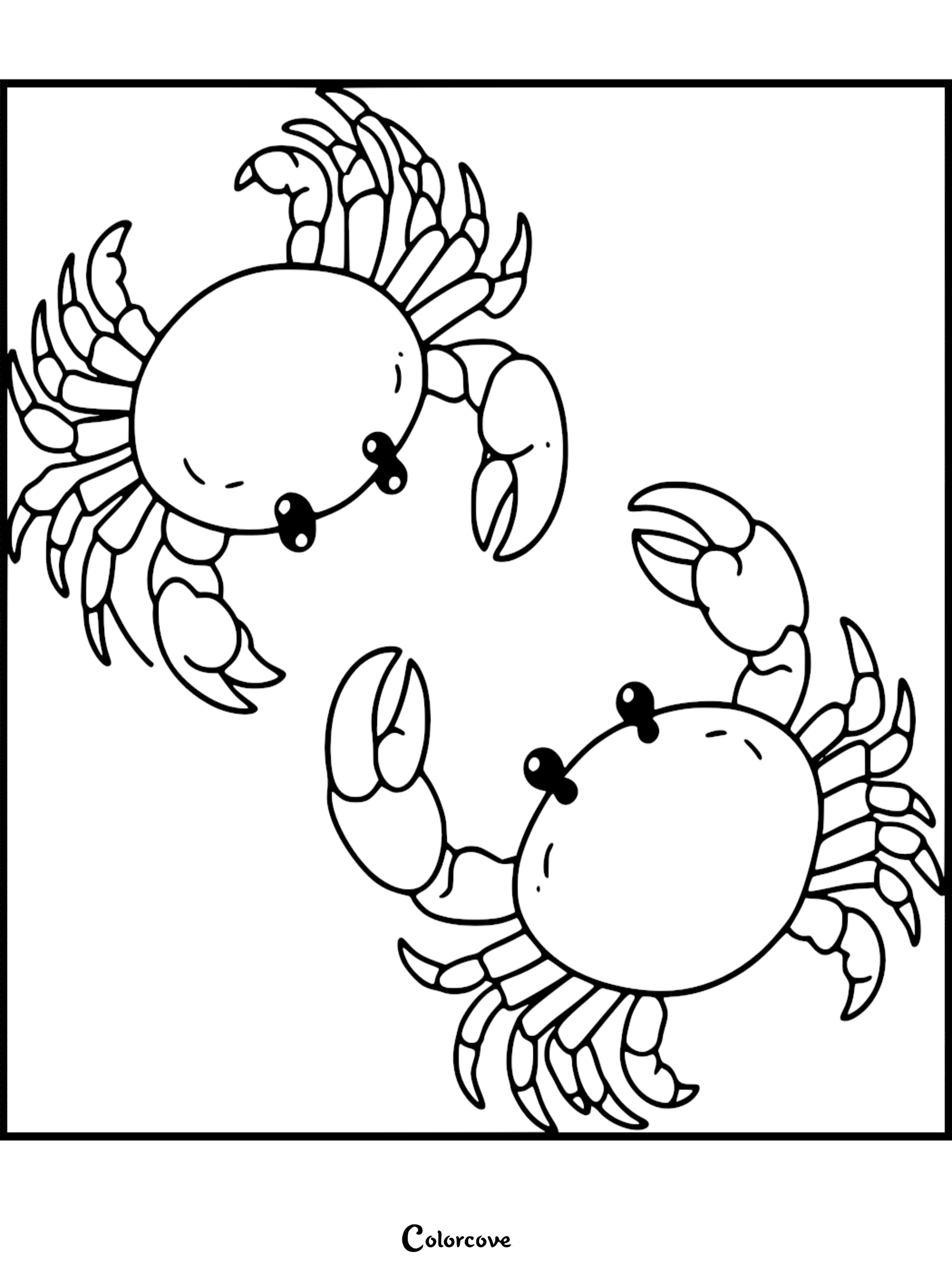 Two cartoon crabs coloring page, perfect for kids' creative activities and fun ocean-themed coloring sessions.